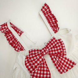 White Ruffle Dress with Red Gingham Bow Sweet Lolita Style Sleeveless Midi Sundress