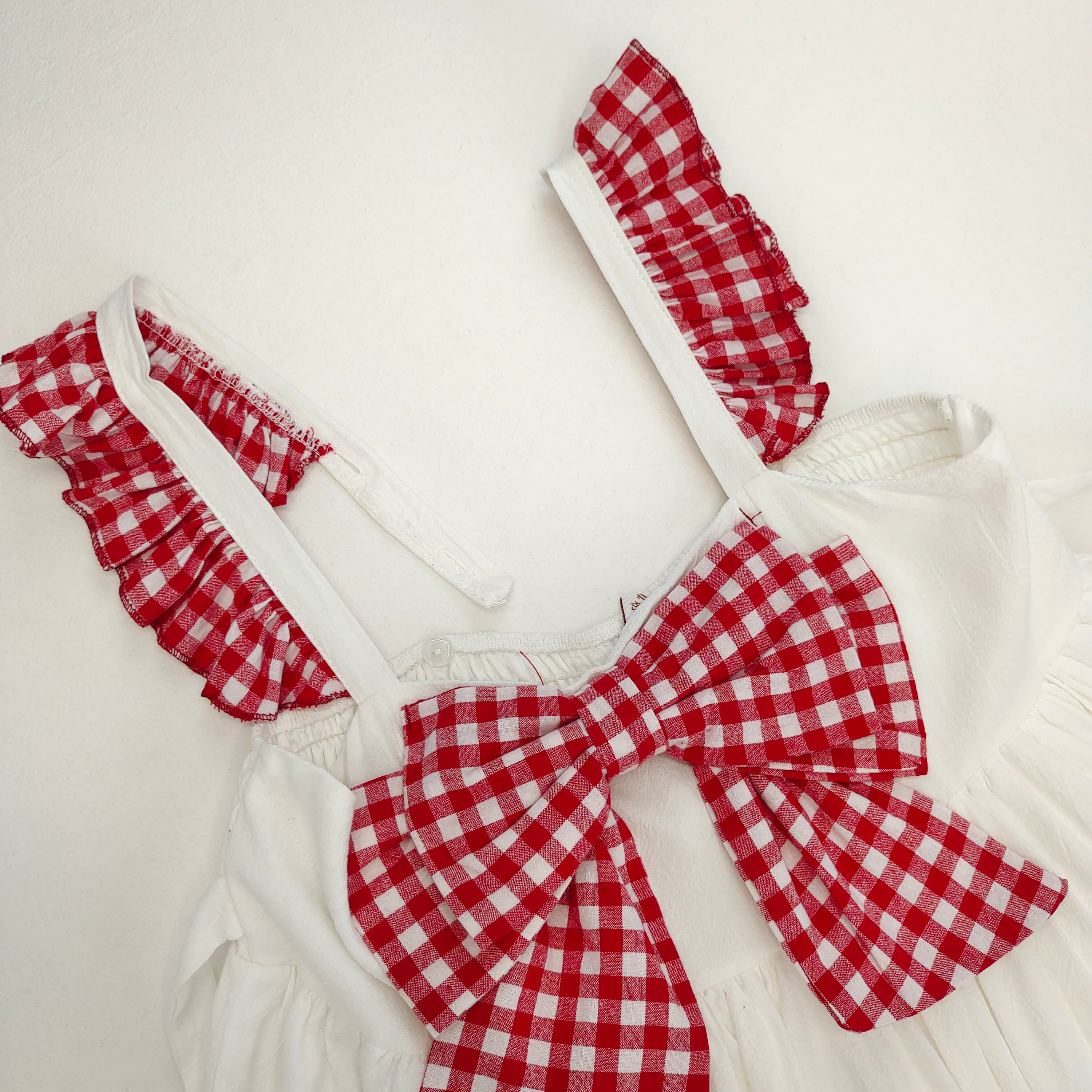 White Ruffle Dress with Red Gingham Bow Sweet Lolita Style Sleeveless Midi Sundress