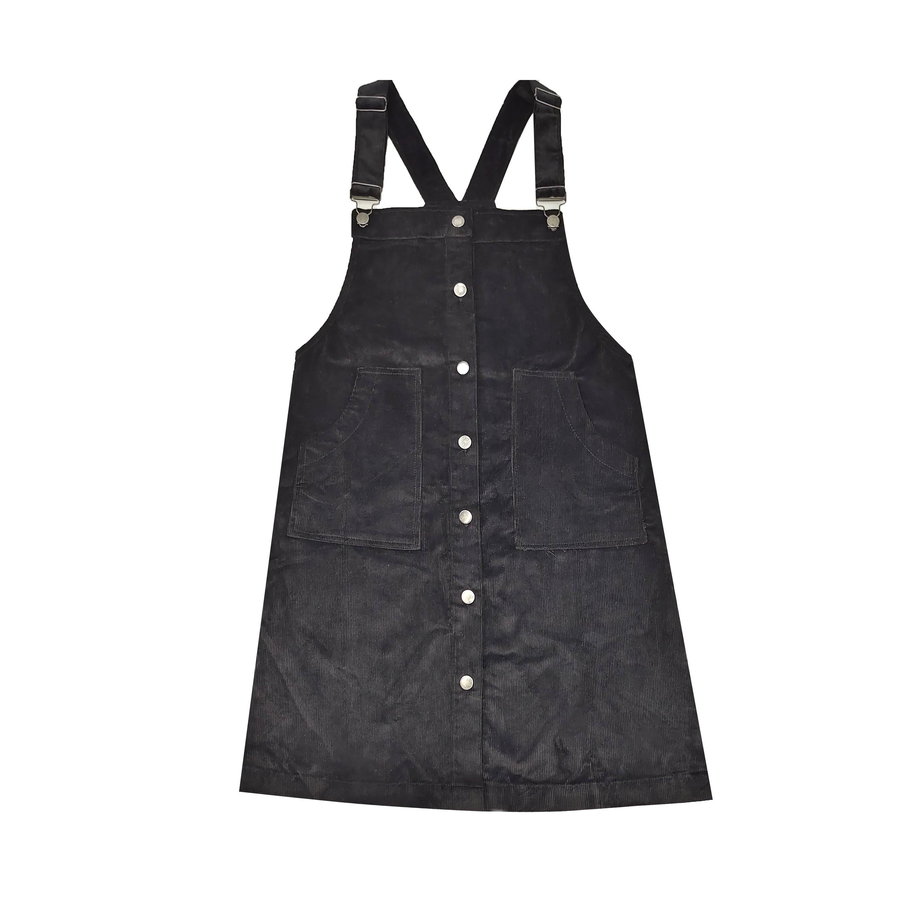 Black Corduroy Pinafore Dress for Women, Adjustable Strap Overall Skirt with Buttons and Front Pockets, Korean Vintage Style