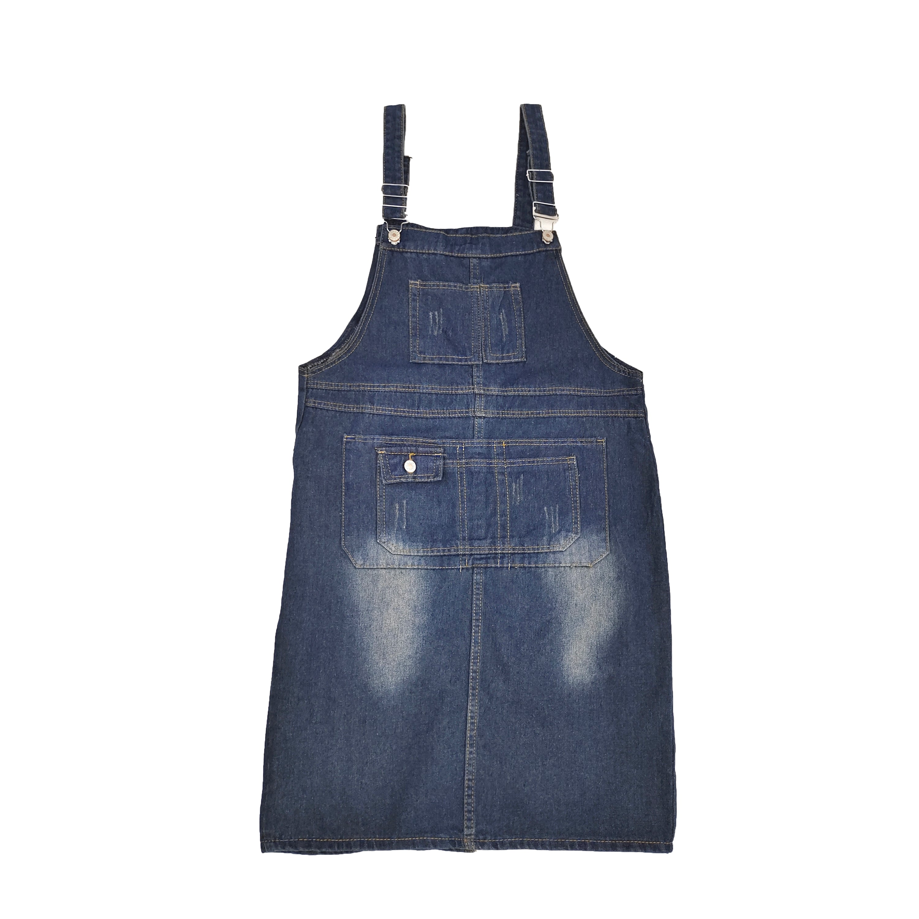 Blue Denim Overall Dress for Women, Vintage Pinafore Jean Jumper with Adjustable Straps and Front Pockets, Korean College Style Outfit