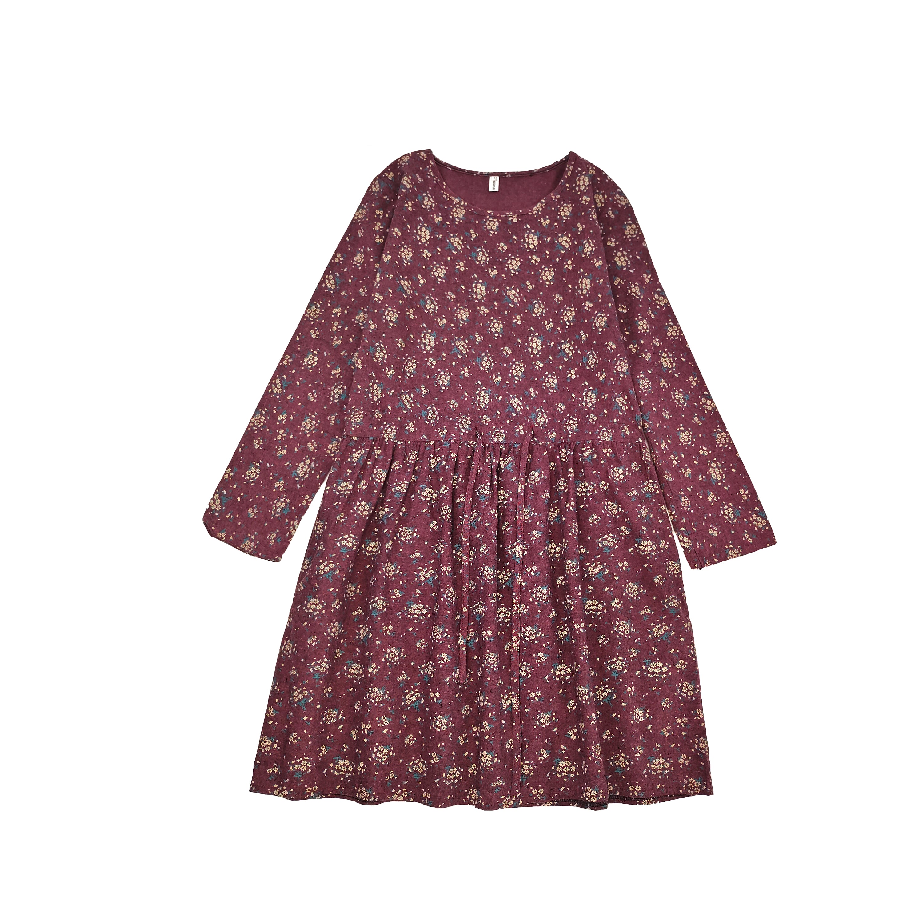 Vintage floral corduroy dress with long sleeves and gathered waist