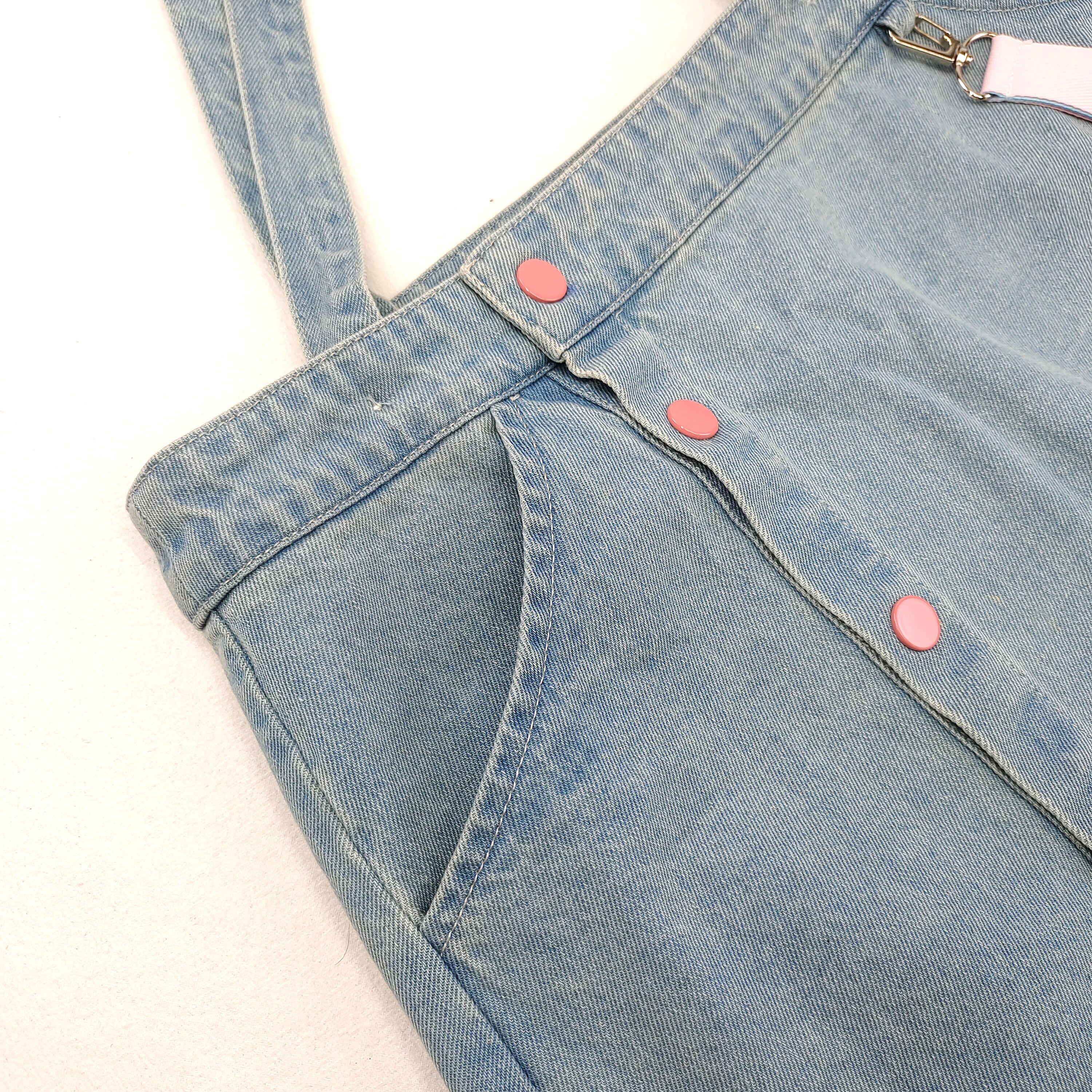 Cute Denim Suspender Skirt with Pink Heart Embroidery Lovely Cat Print A-Line Button Front Jean Mini Dress