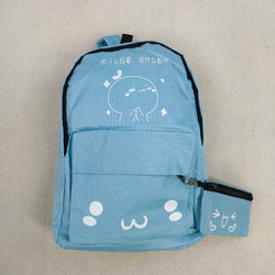 Kawaii Blue Anime Backpack with Expression Print & Pouch Cute School Bag with UwU Face