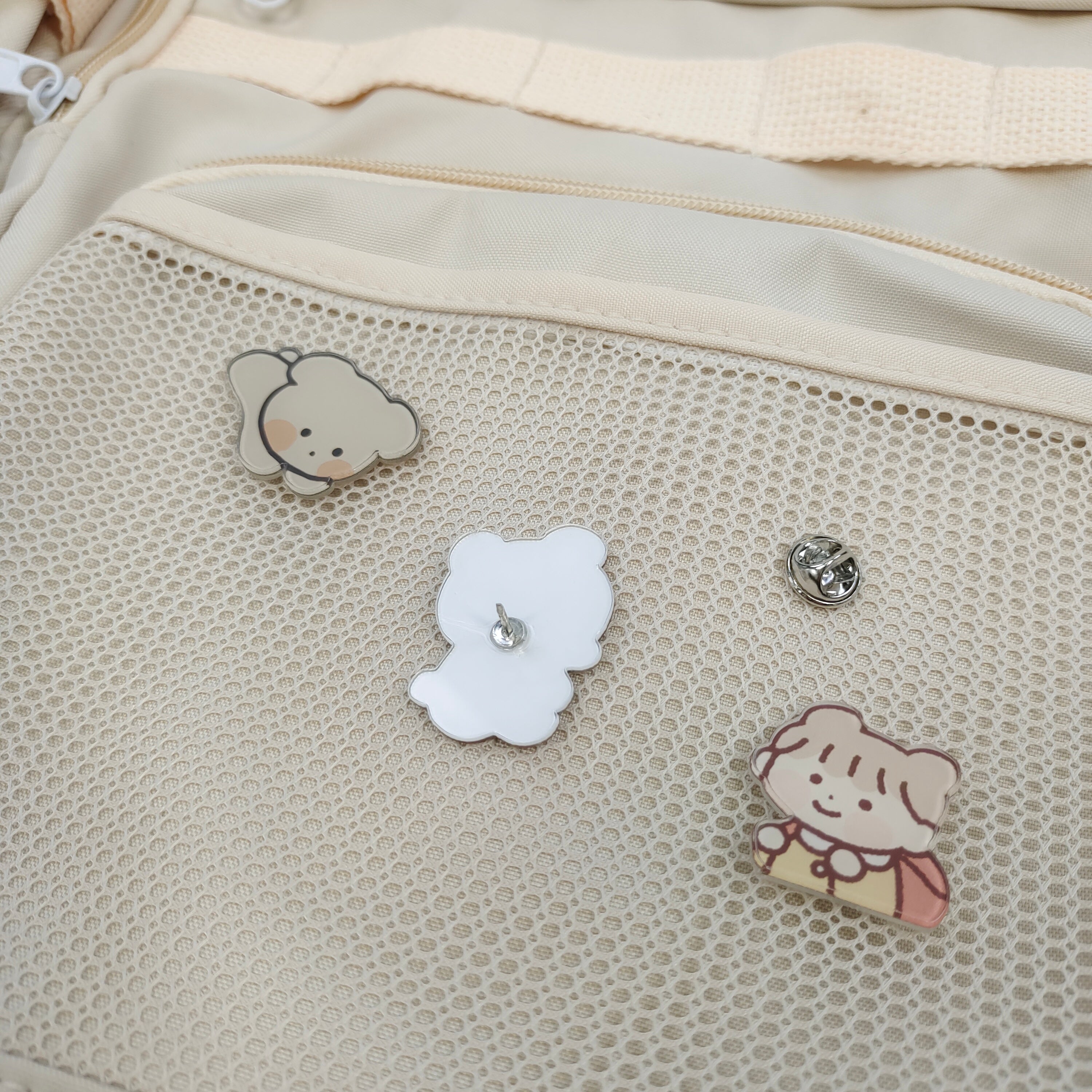 Beige Kawaii Cartoon Backpack with Plush Charm Cute Bear & Animal Pins School Travel Bag