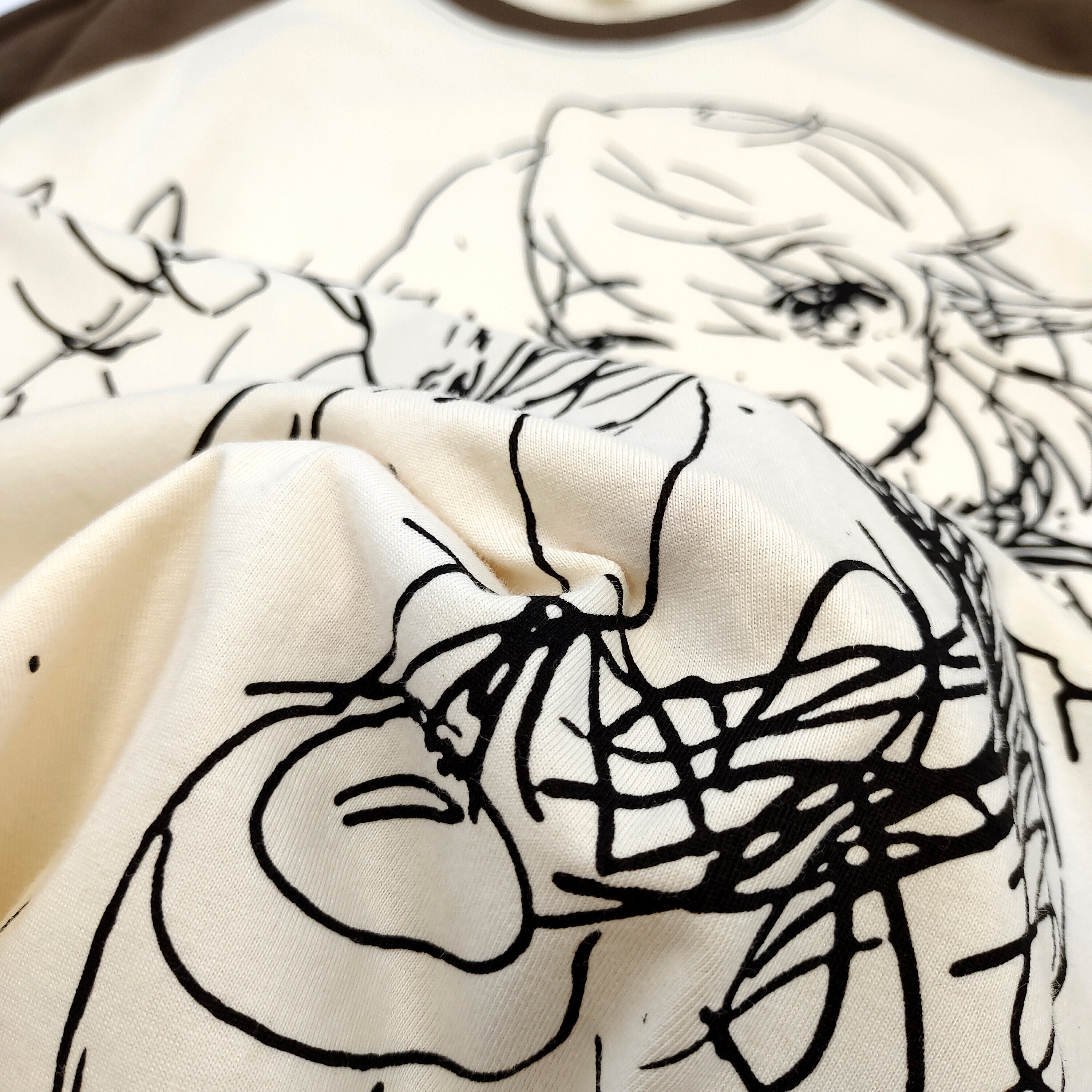 Brown Raglan Anime Sketch Tee Oversized Cotton Graphic T-Shirt Hand-Drawn Hero Print
