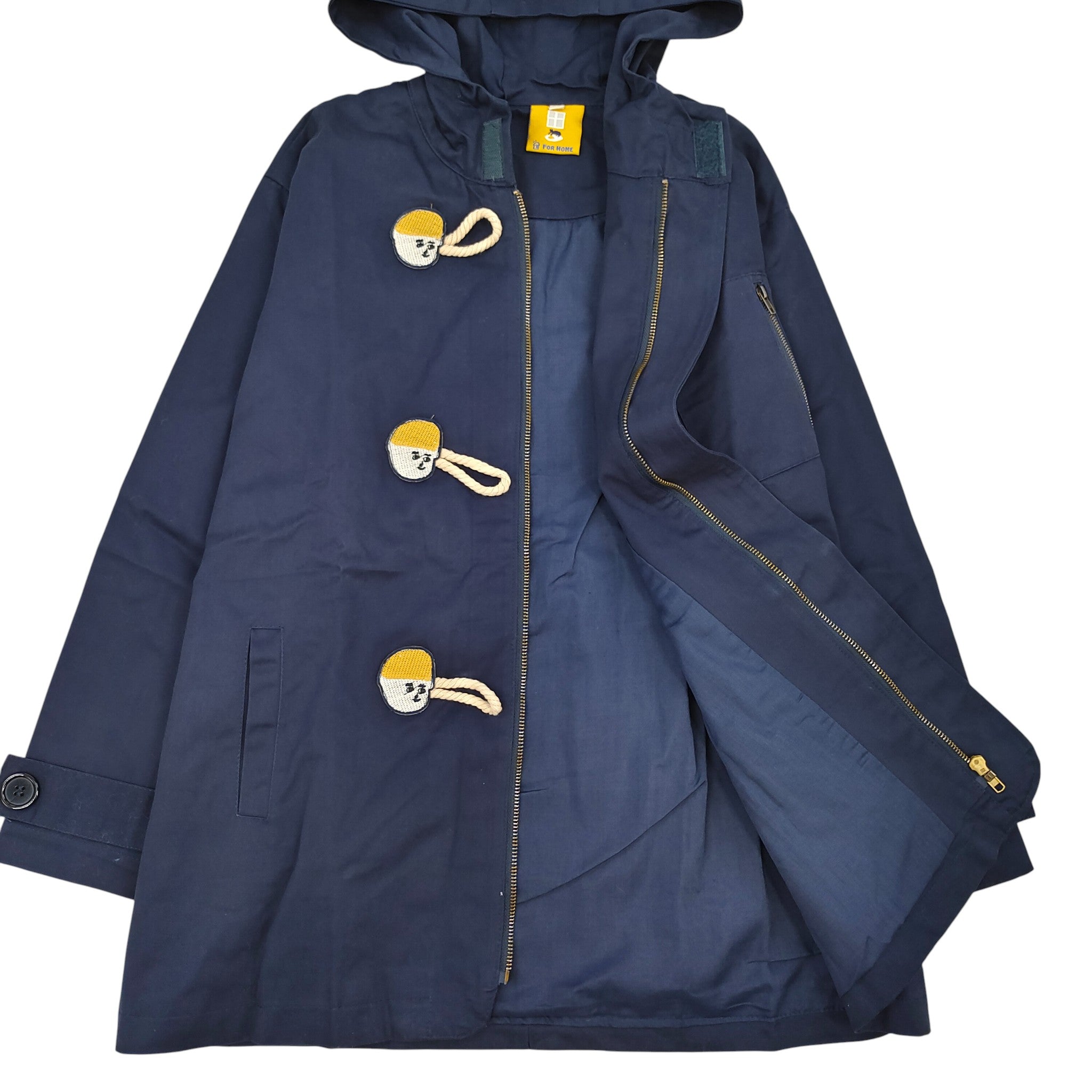 Navy Blue Hooded Toggle Coat Women Cute Face Button Windbreaker Casual Loose Jacket