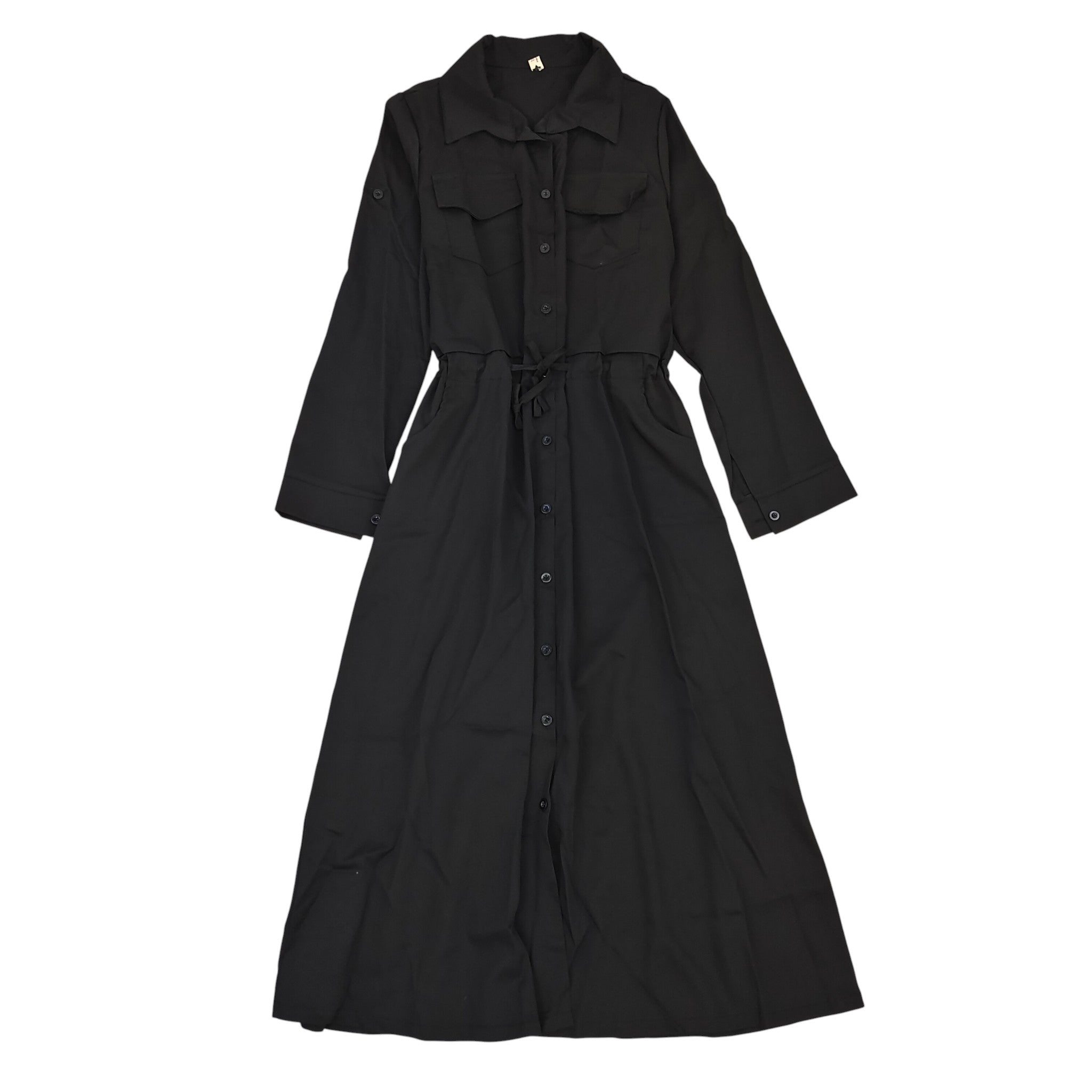 Black cotton long shirt dress with pockets and waist drawstring for women