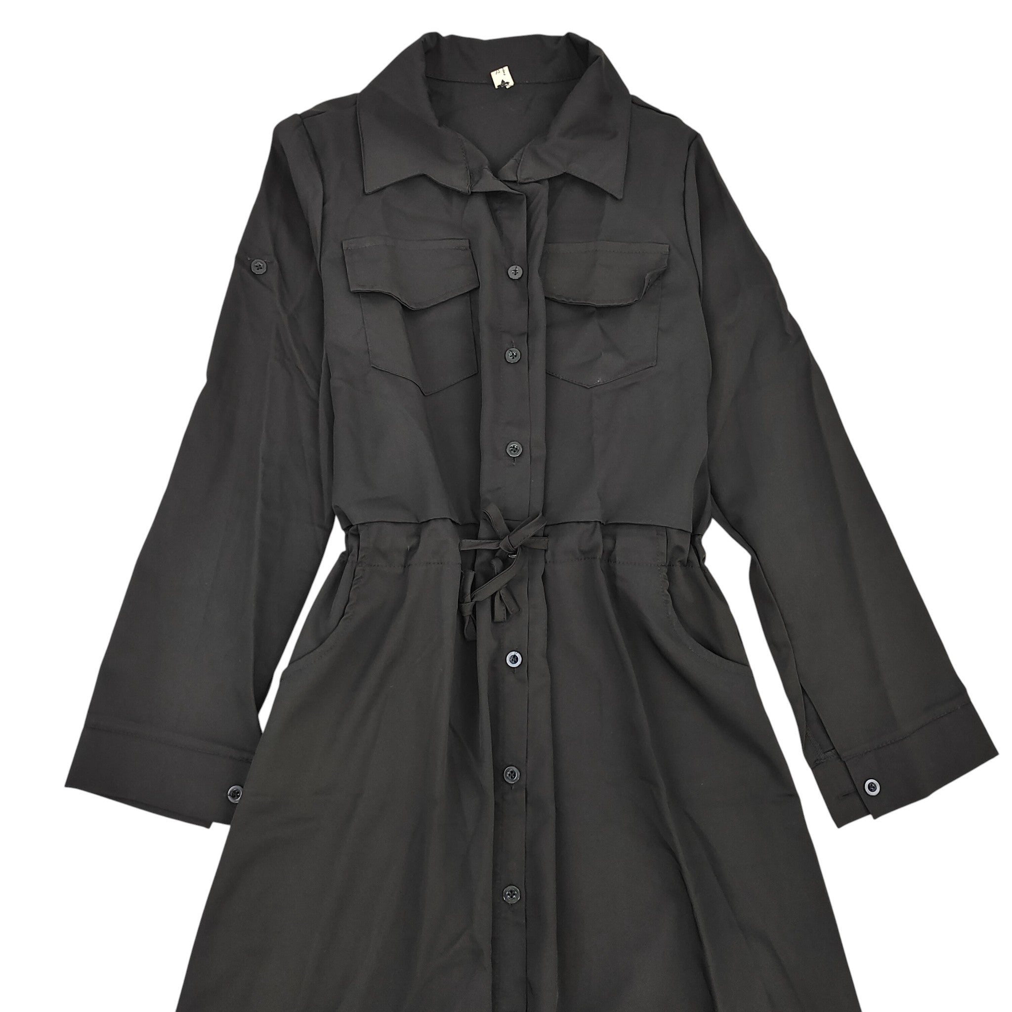 Black Cotton Shirt Dress Women Long Sleeve Button Down Maxi Dress with Drawstring Waist