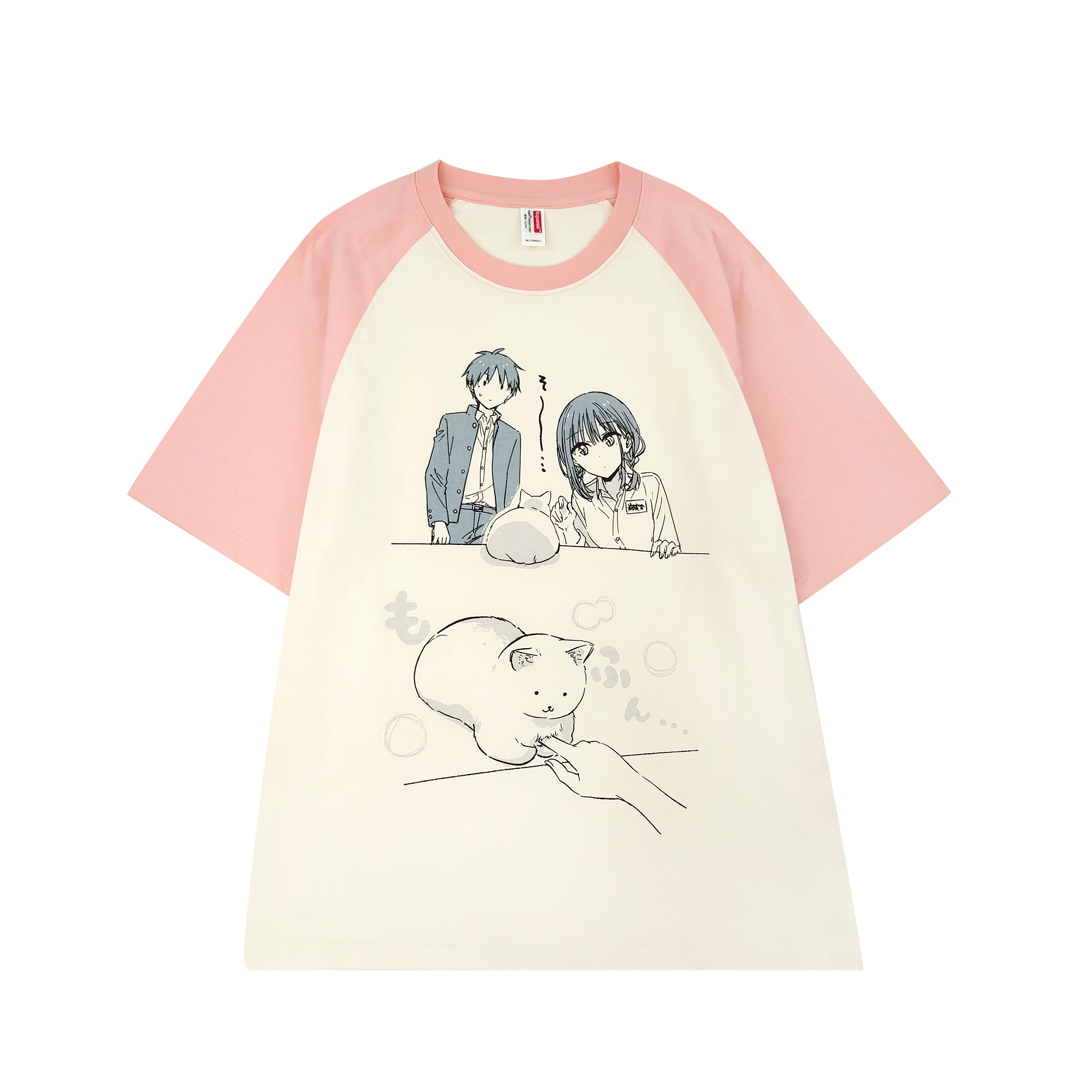 Harajuku Manga Graphic T-Shirt for Women Kawaii Cat Anime Print Short Sleeve Tee Loose Fit Raglan Top