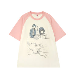 Harajuku Manga Graphic T-Shirt for Women Kawaii Cat Anime Print Short Sleeve Tee Loose Fit Raglan Top