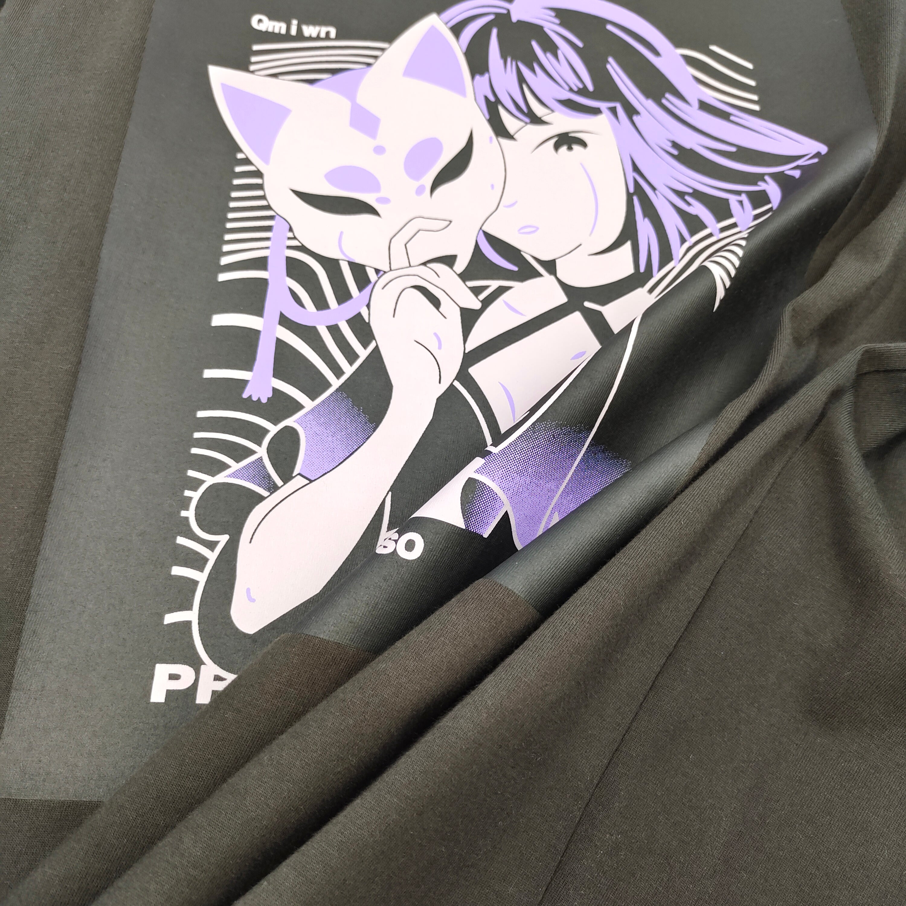 Anime Girl Graphic T-Shirt Oversized Japanese Streetwear Style Fox Mask Tops Black