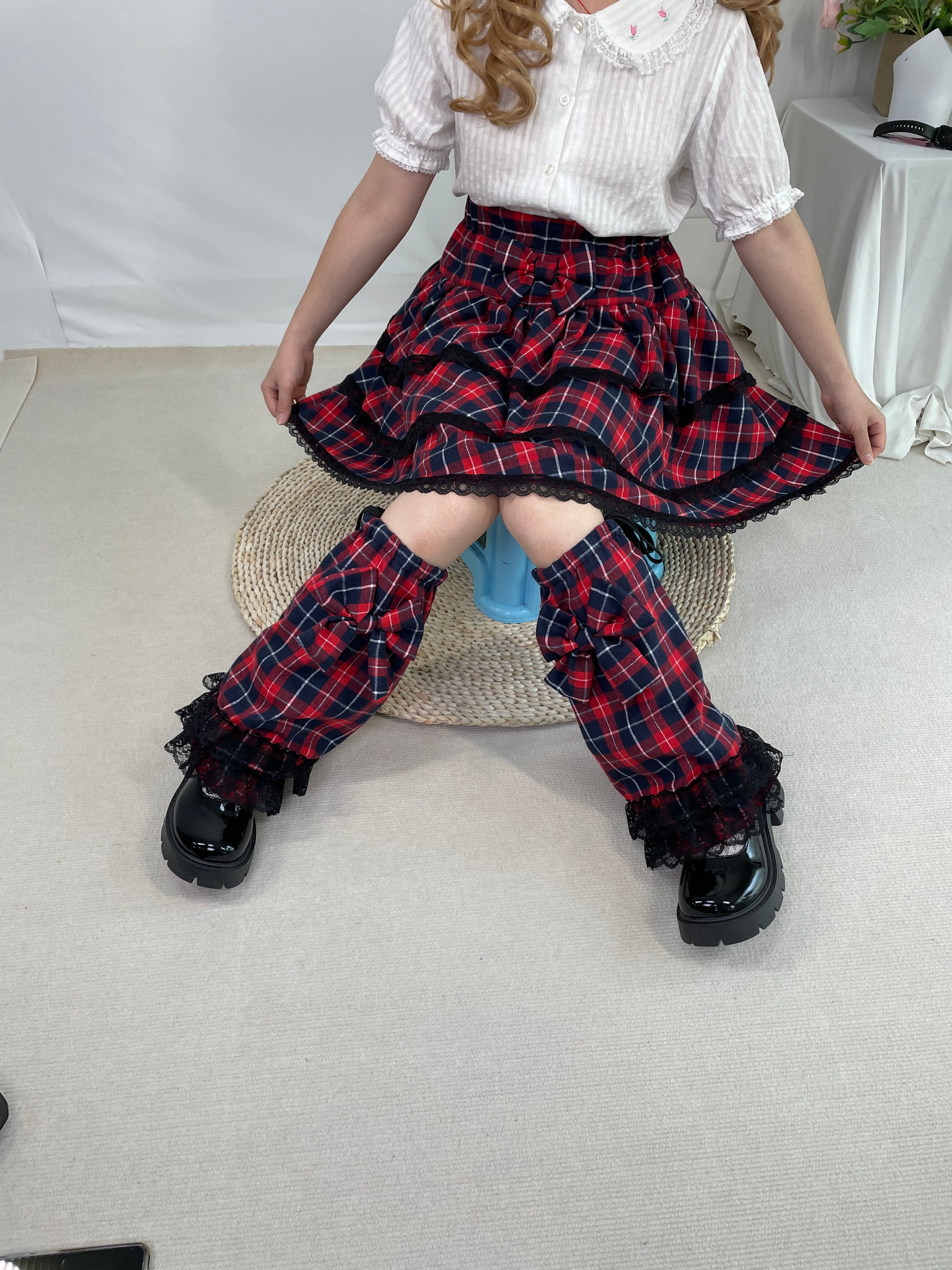 Sweet Punk Lolita Red Y2K Plaid Layered Skirt with Matching Leg Warmers Kawaii Bow Set