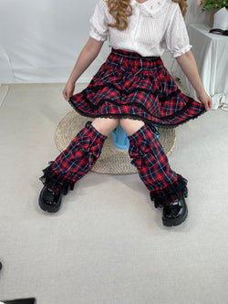 Sweet Punk Lolita Red Y2K Plaid Layered Skirt with Matching Leg Warmers Kawaii Bow Set