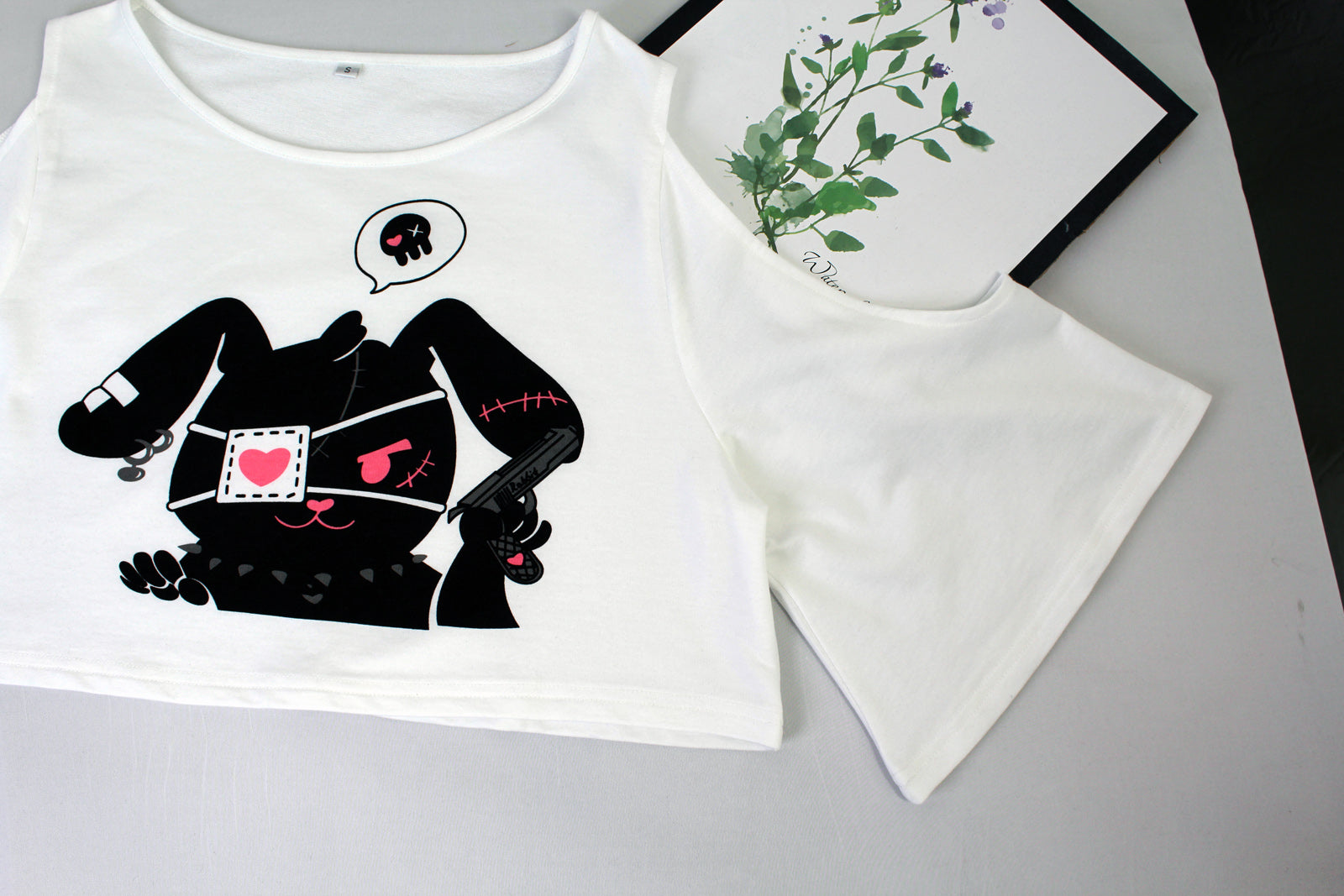 Gloomy Rabbit 2-Piece Kawaii Dress Set Graphic Tee Spaghetti Strap Black Cartoon Dress