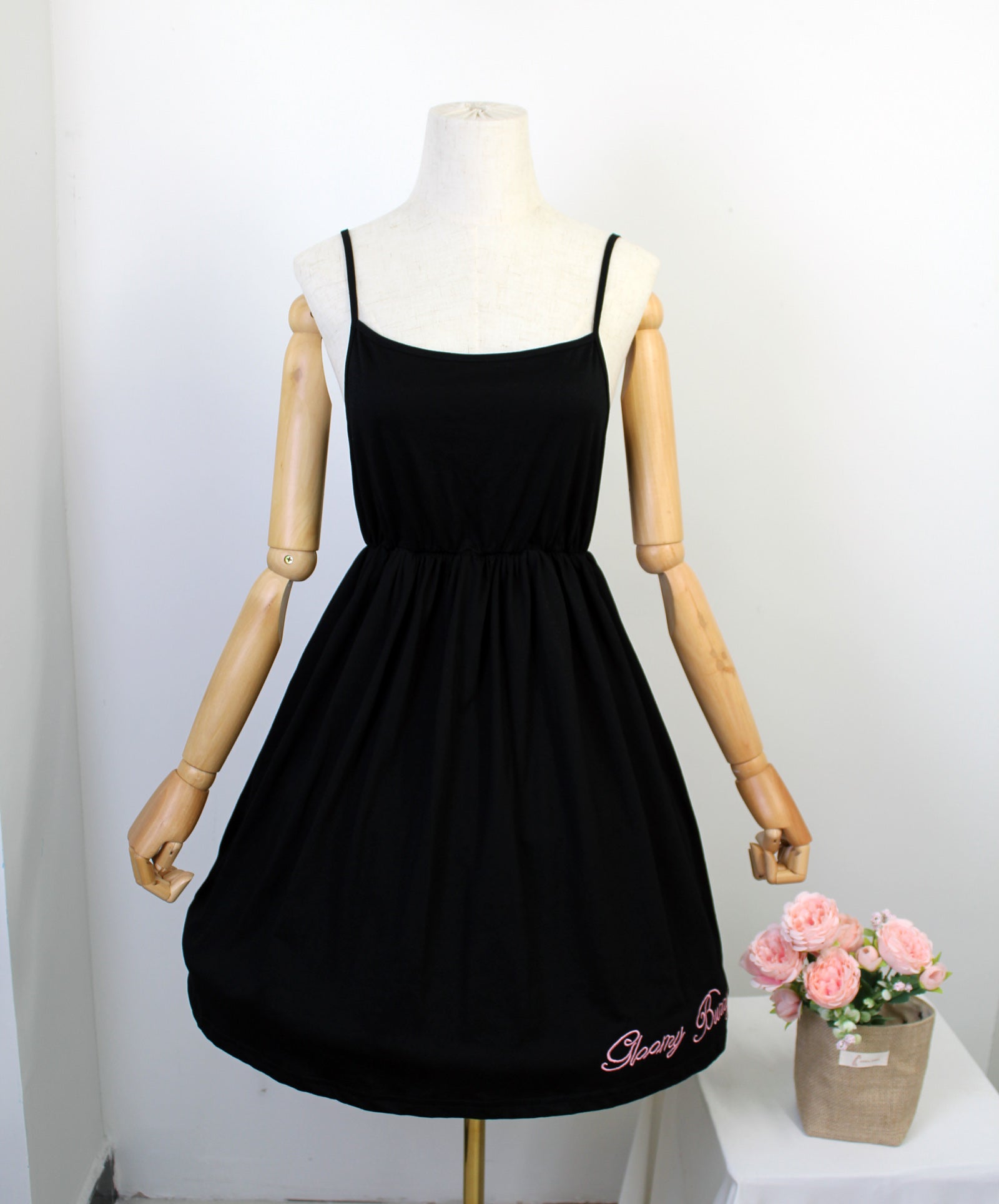 Gloomy Rabbit 2-Piece Kawaii Dress Set Graphic Tee Spaghetti Strap Black Cartoon Dress