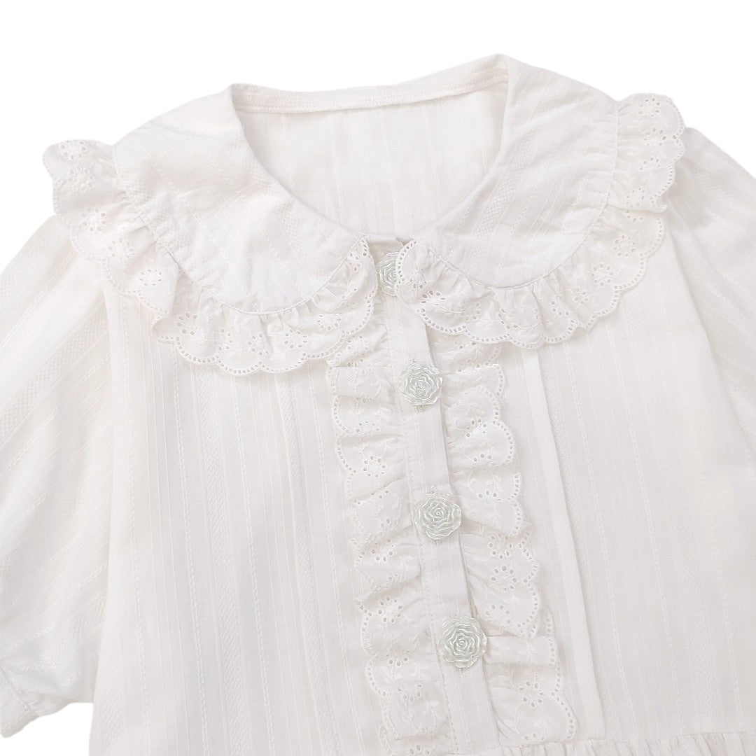 Women White Babydoll Dress Puff Short Sleeve Lace Collar Ruffle A-Line Flowy Vintage Preppy Style