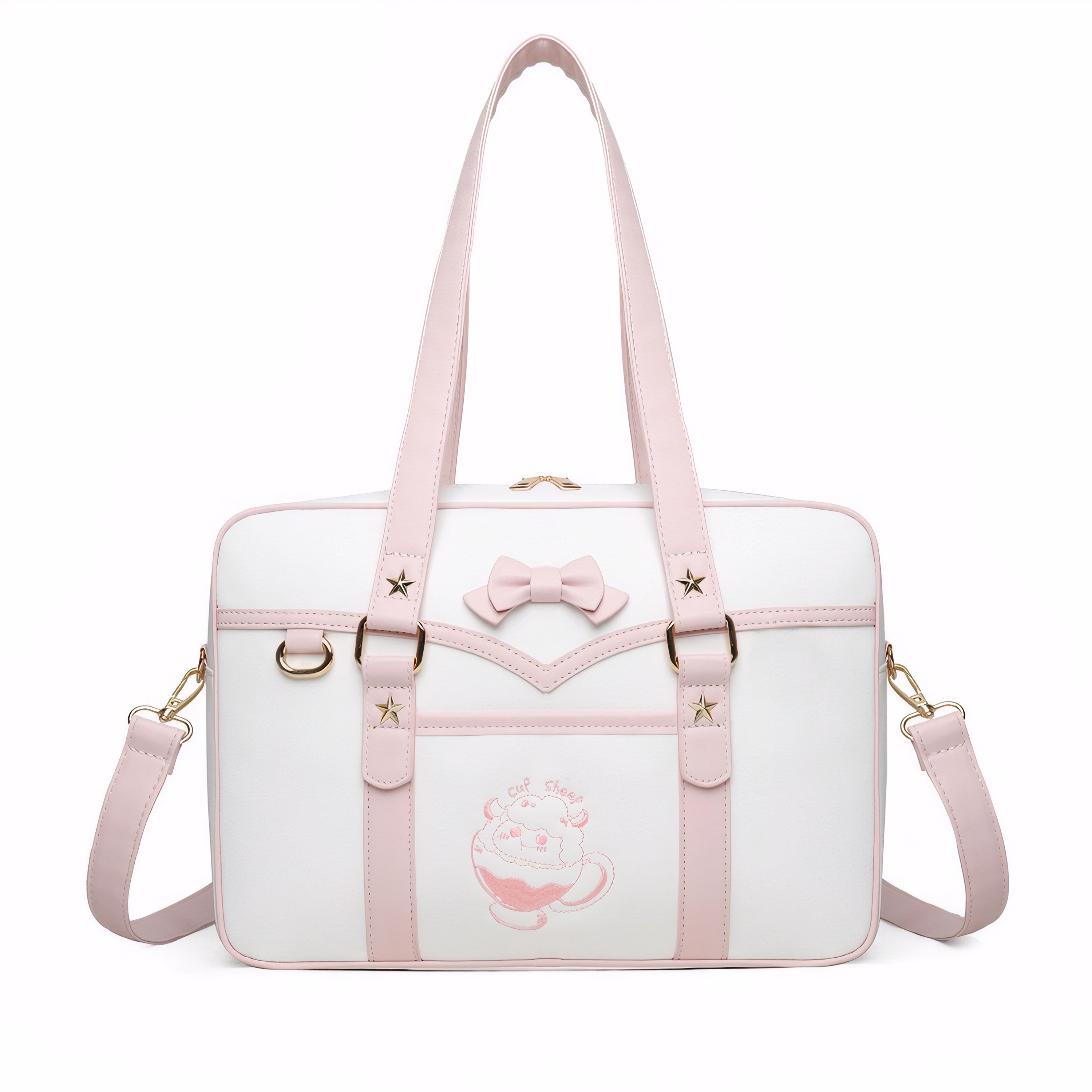 Cute embroidered cartoon cat bow shoulder bag in Japanese JK style with pastel contrast straps and PU leather finish