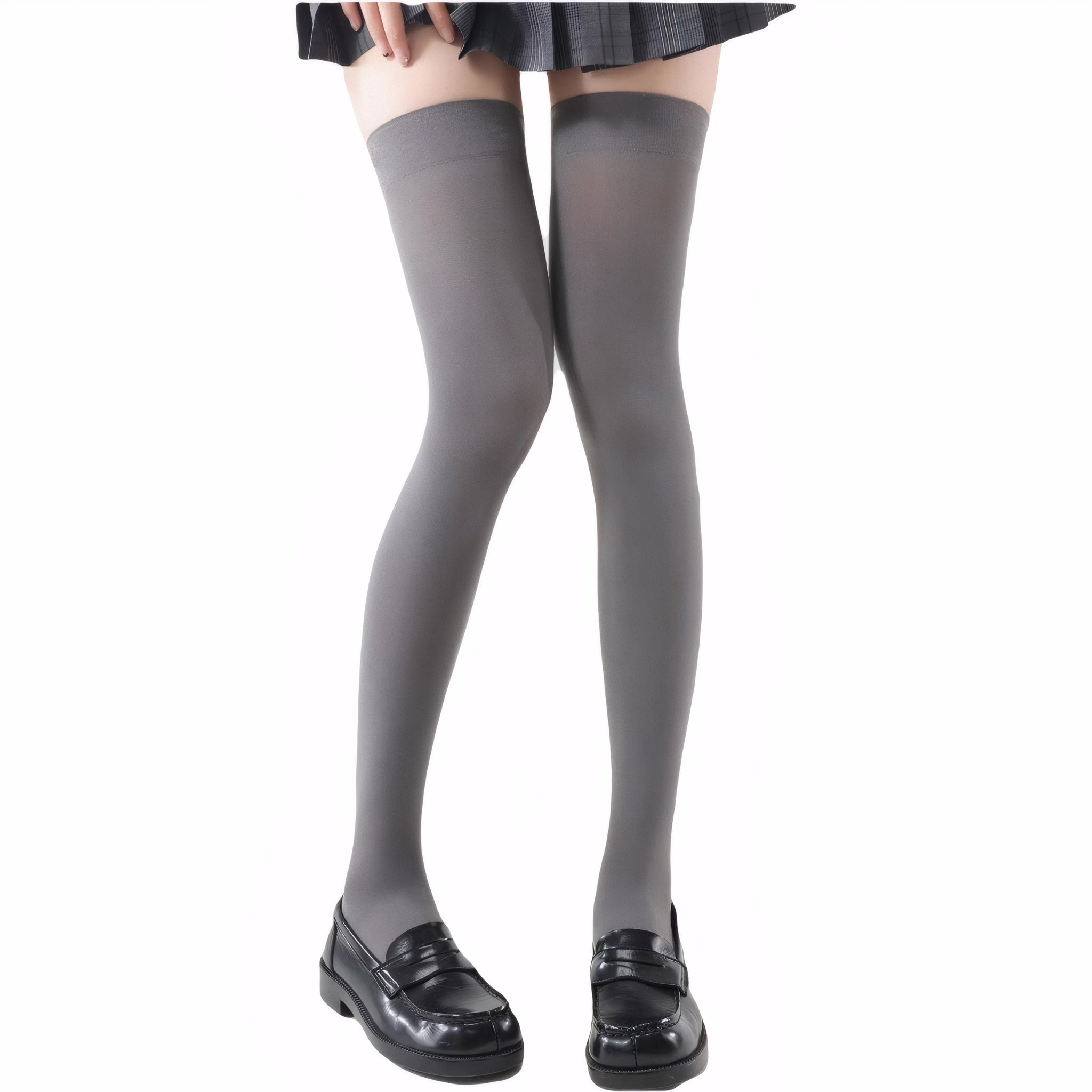 Long grey velvet socks styled with pleated mini skirt thigh high stockings