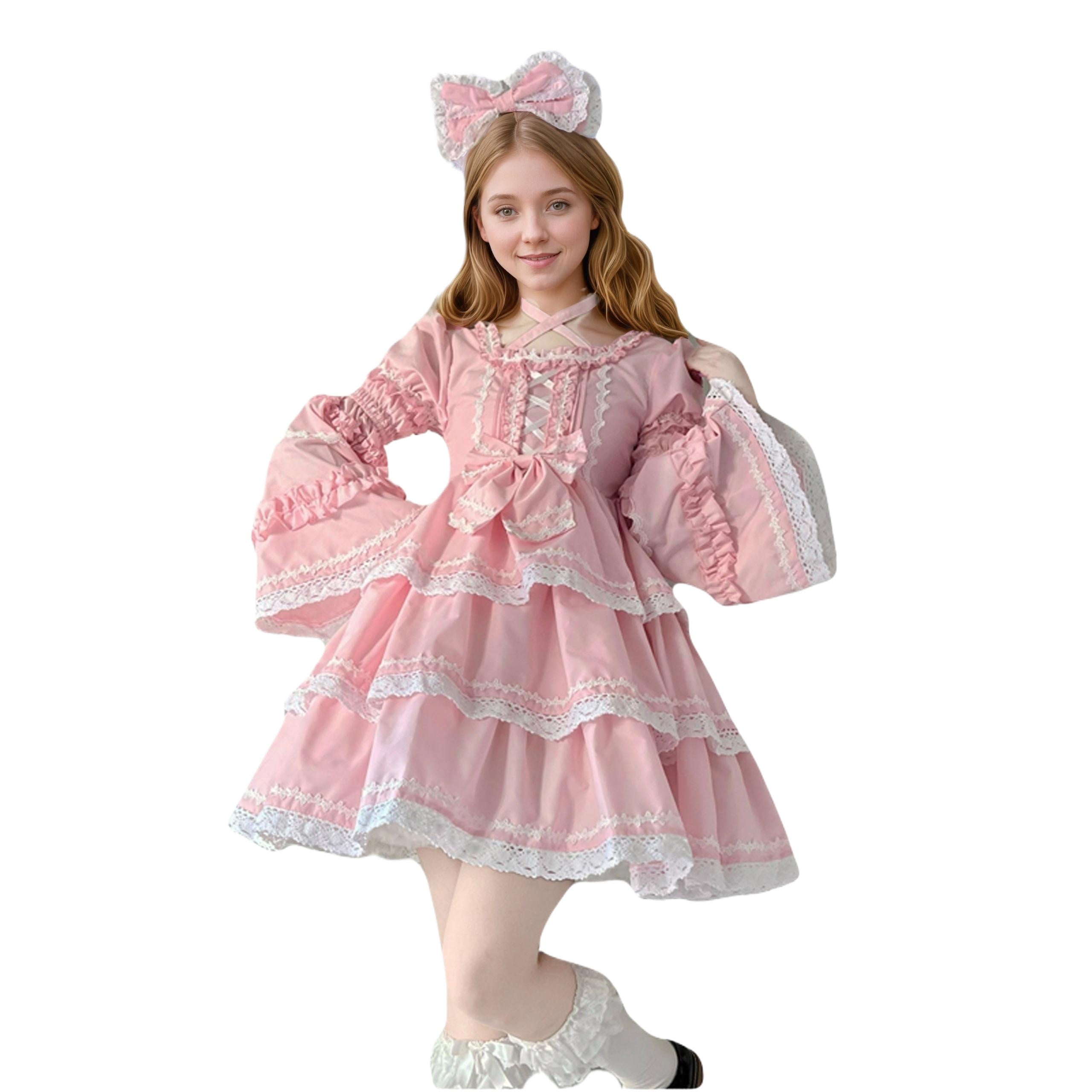 Sweet Pink Lolita Dress Detachable Sleeves Lace Ruffle Tiered Princess Sweet Pink Lolita Dress Detachable Sleeves Lace Ruffle Tiered Princess