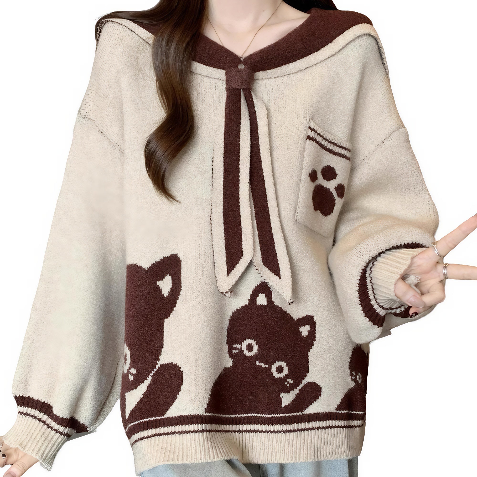 Close-up of pocket and sailor collar details on kawaii knit sweater