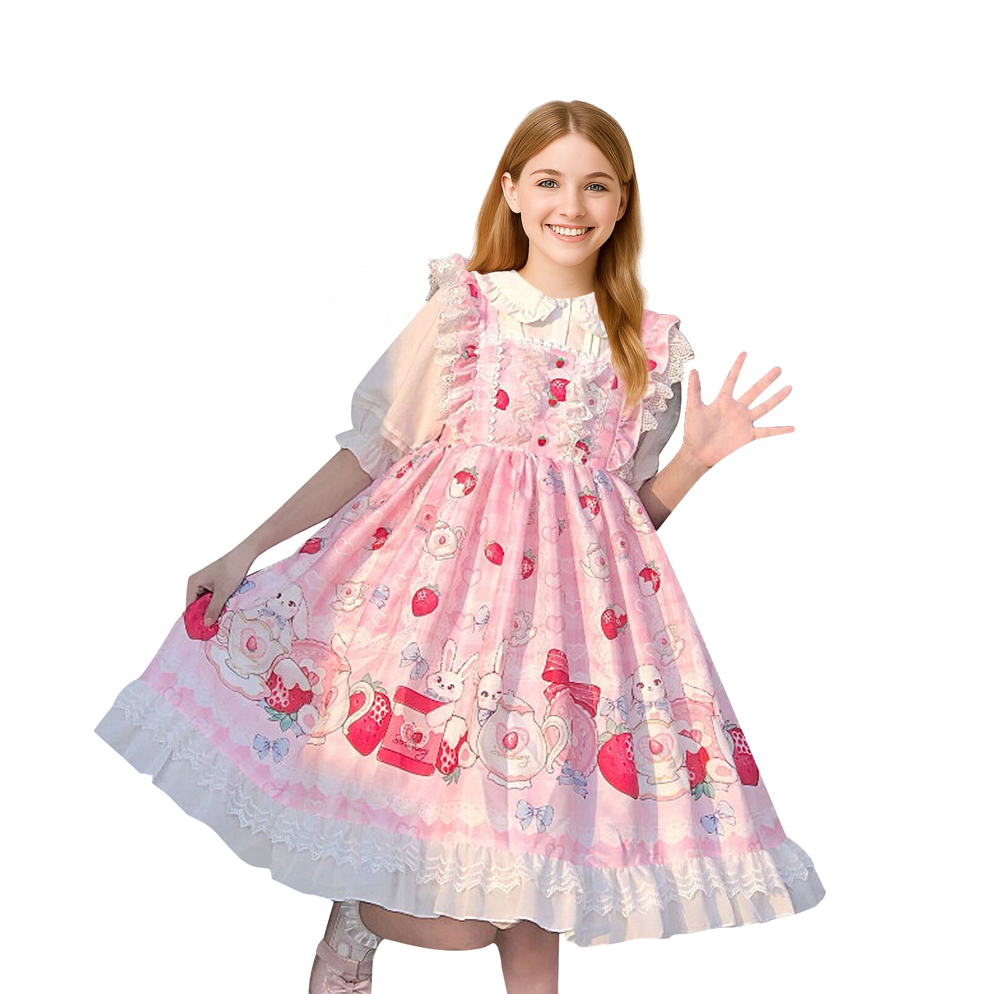 A pink Lolita dress with bunny tea party print and puff sleeves, modeled by a smiling blonde girl
