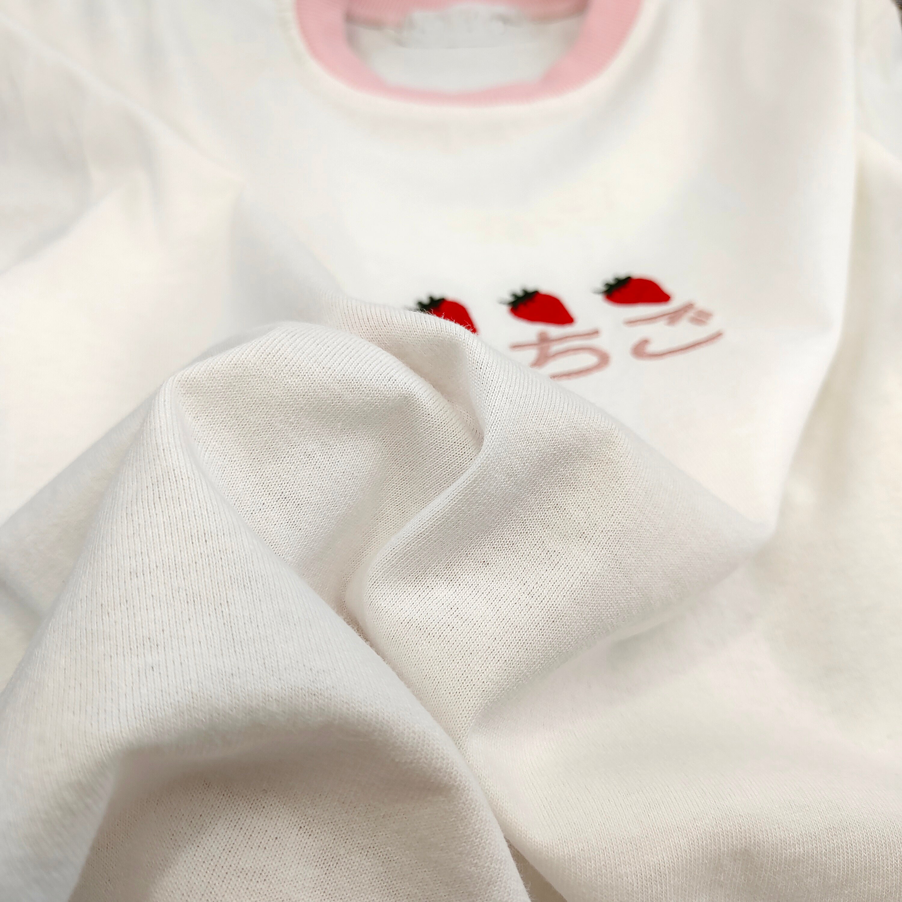 Women Strawberry Embroidery T Shirt Japanese Lettering White Pink Cotton Casual Tee