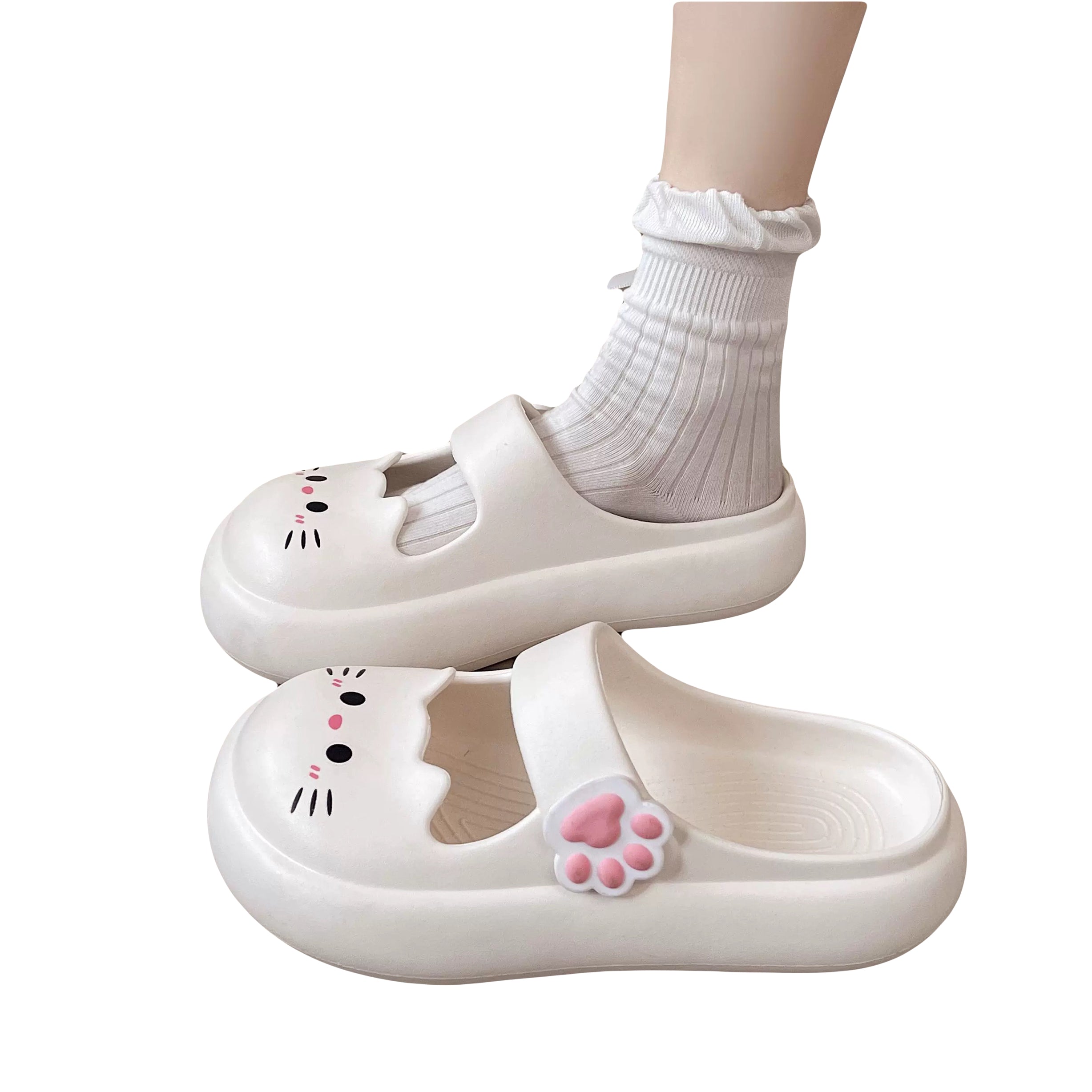 white kawaii cat pattern sandals for teen girls