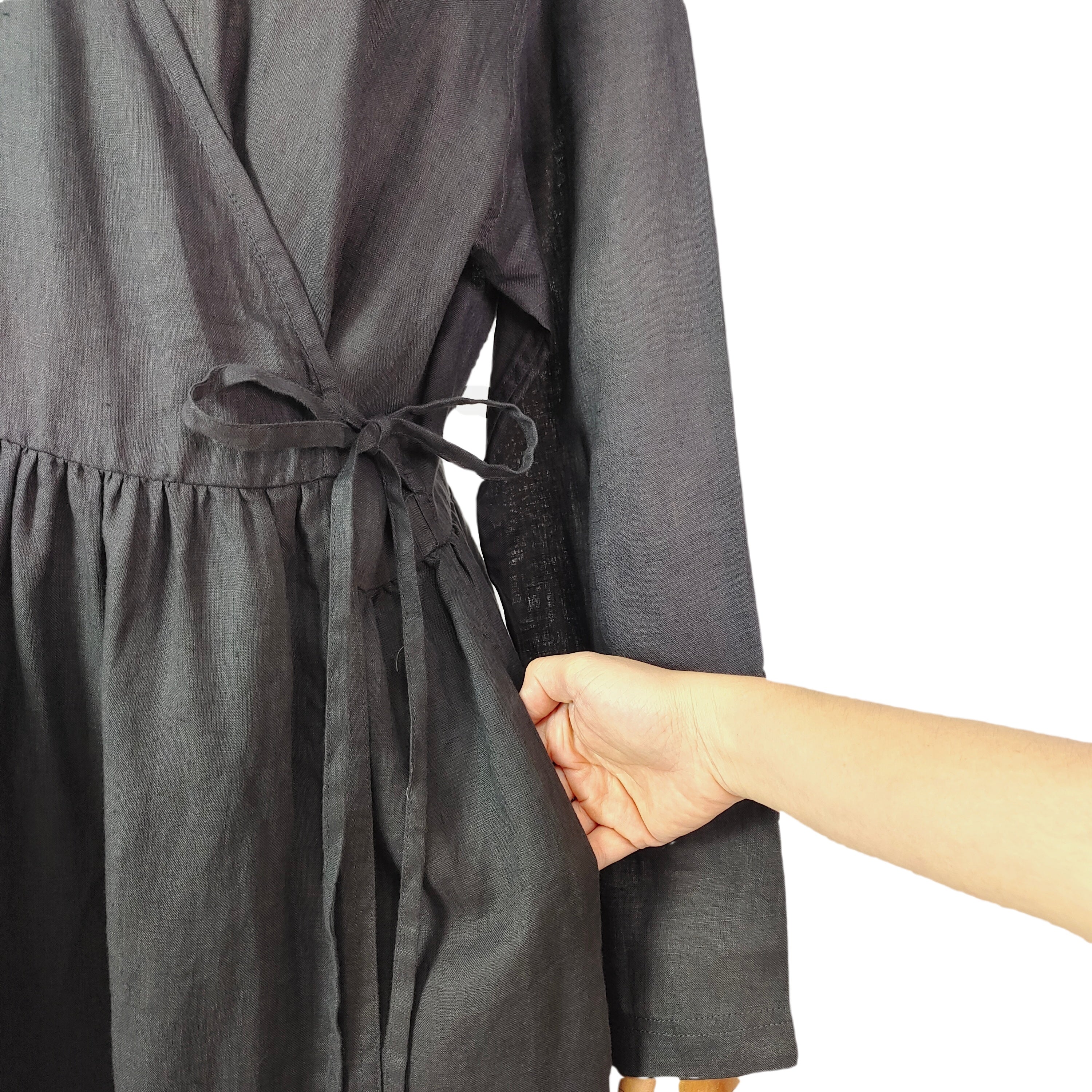 100% Linen Wrap Dress Long Sleeve V-Neck Tea Dress Casual Elegant Mid-Length Robe with Belt & Pockets