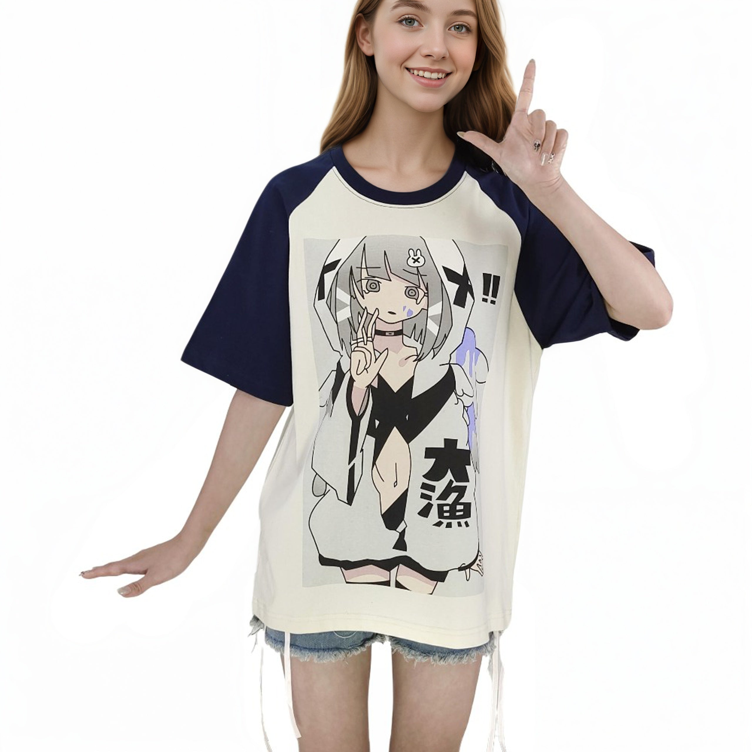 Kawaii Harajuku oversized anime graphic T-shirt for girls in navy and cream