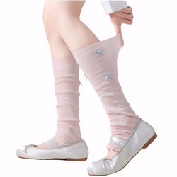 Pink and white Japanese JK style leg warmers with lace knit texture lolita over calf socks