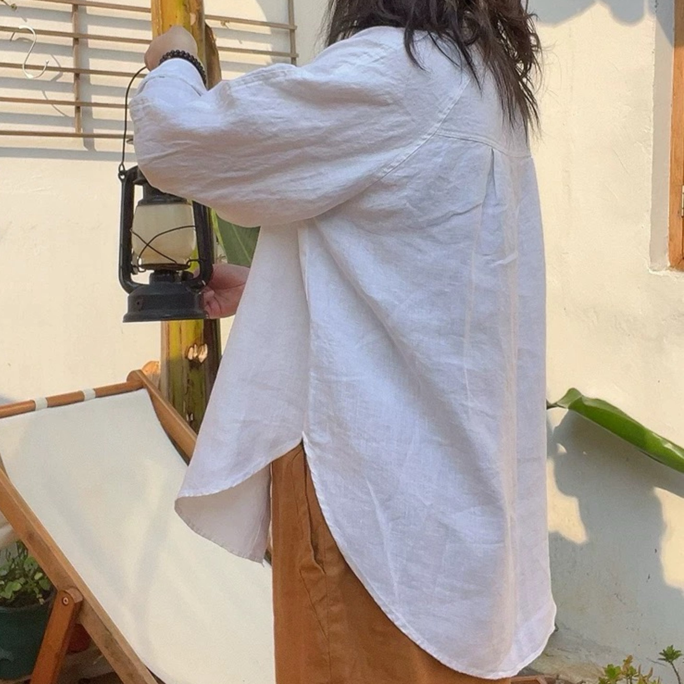 White pure hemp stand collar long sleeve shirt, loose fit minimalist design