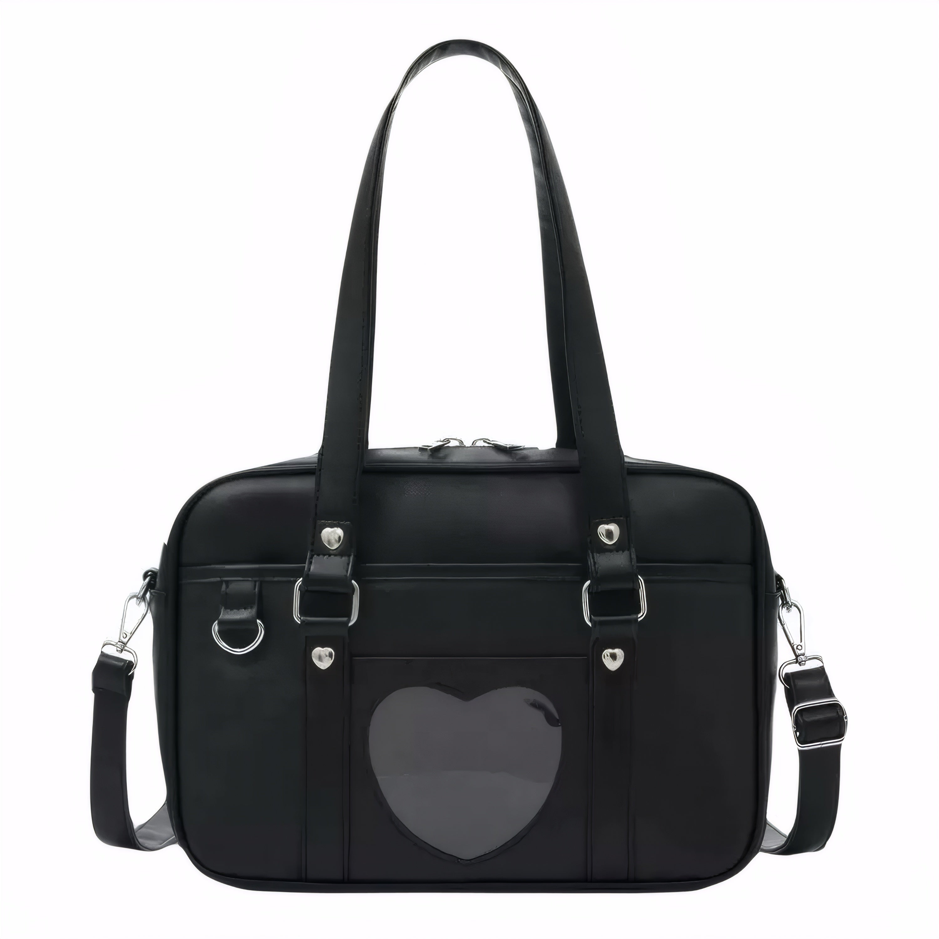Cute Japanese JK style heart-stitched school bag with shoulder and crossbody strap, PU leather, in black, white, pink, and gray-blue