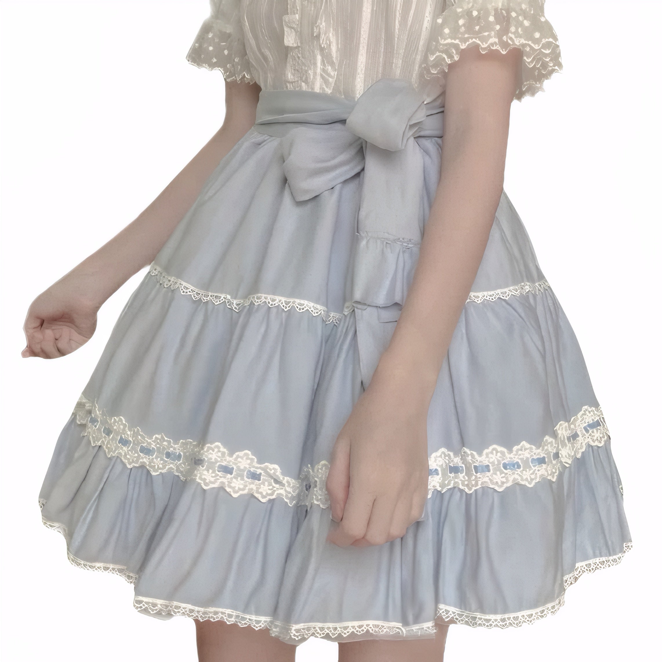 Light blue Lolita-style cake skirt with tiered ruffles and waistband bow frilly bow skirt