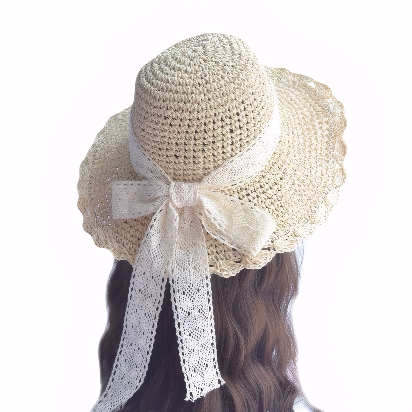 Lace Bow Straw Hat for Women Summer Wide Brim Beach Sun Hat Adjustable Cute Ribbon Floppy Cap
