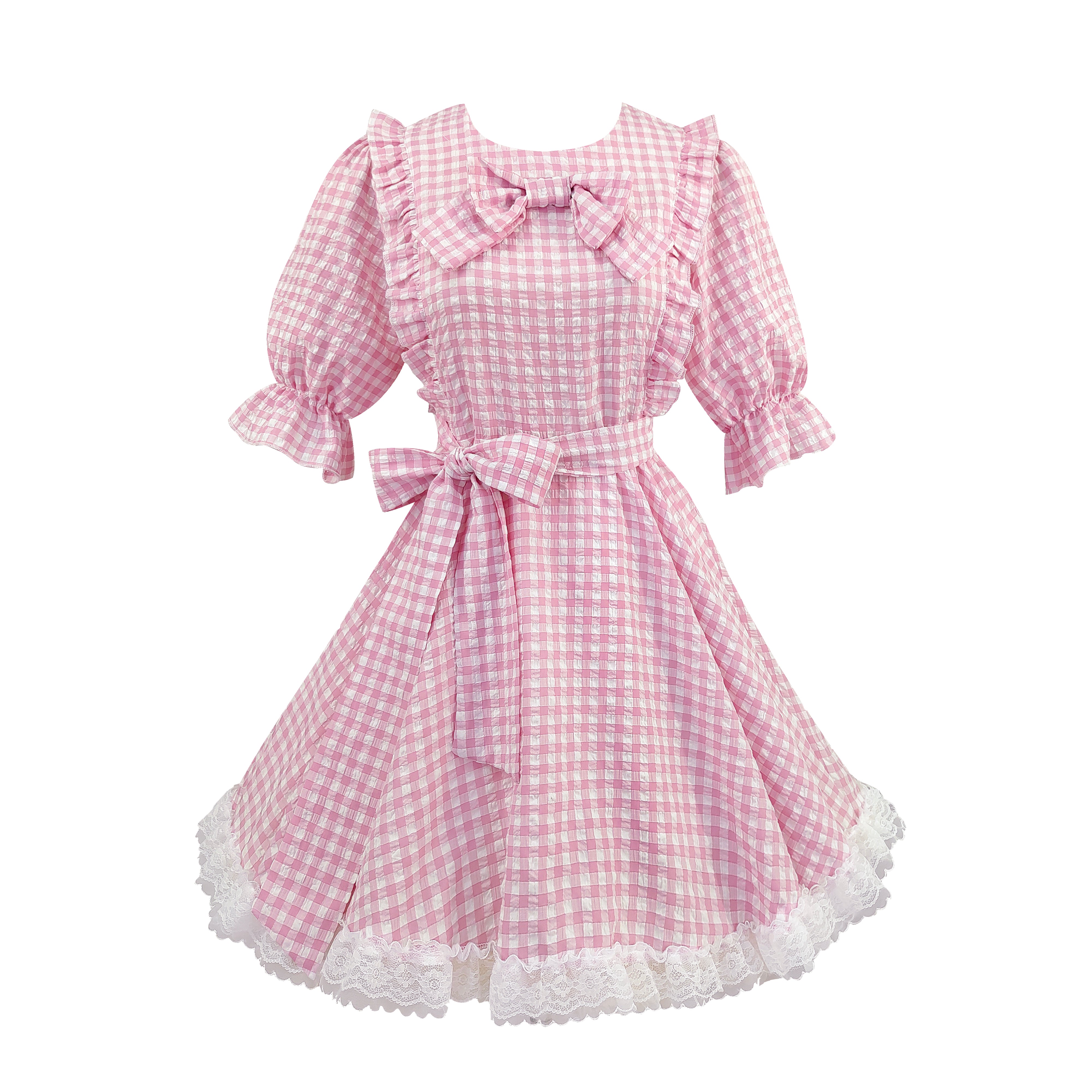 Pink gingham ruffle dress with waist bow and frilly cuffs high waist plaid dress