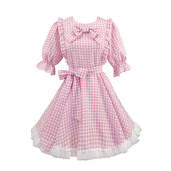 Pink gingham ruffle dress with waist bow and frilly cuffs high waist plaid dress
