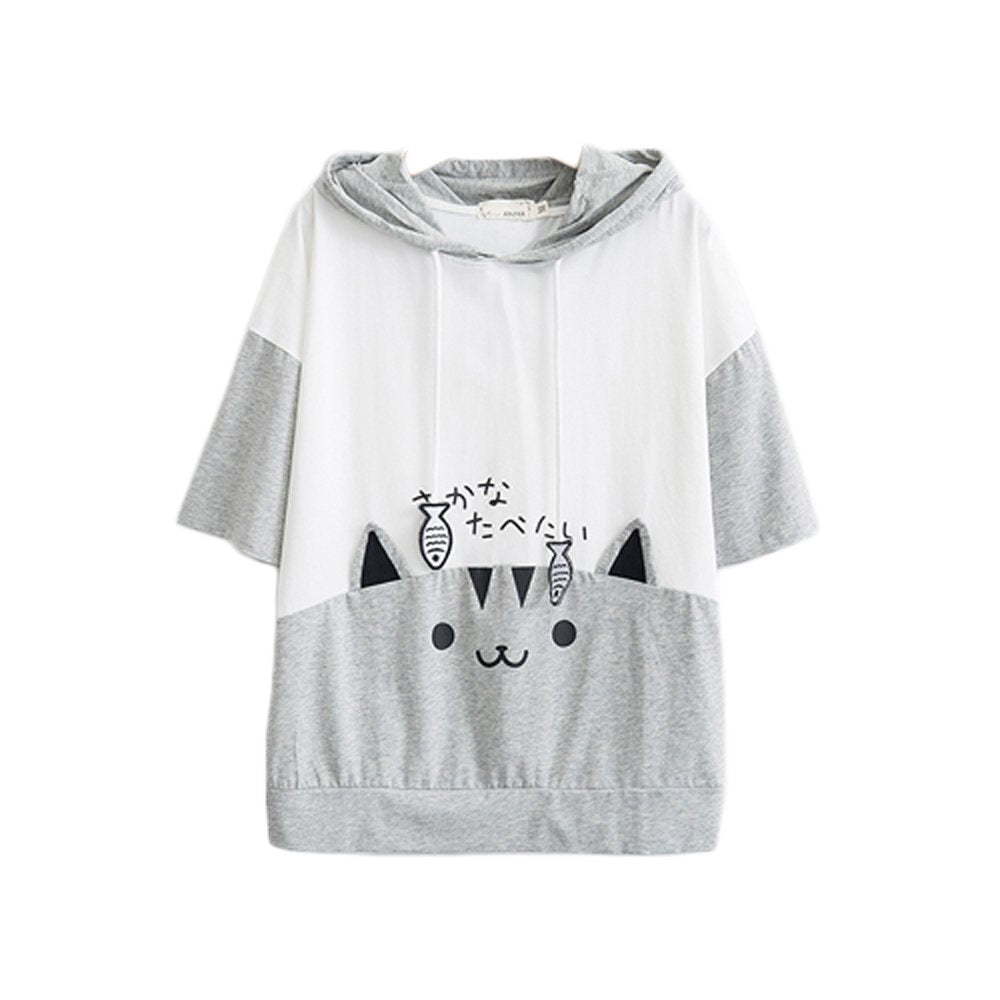 Front view of grey and white color block cat hoodie shirt with fish print Japanese kawaii hoodie with cat ears and cartoon fish design.Size chart for women’s anime cat hoodie top