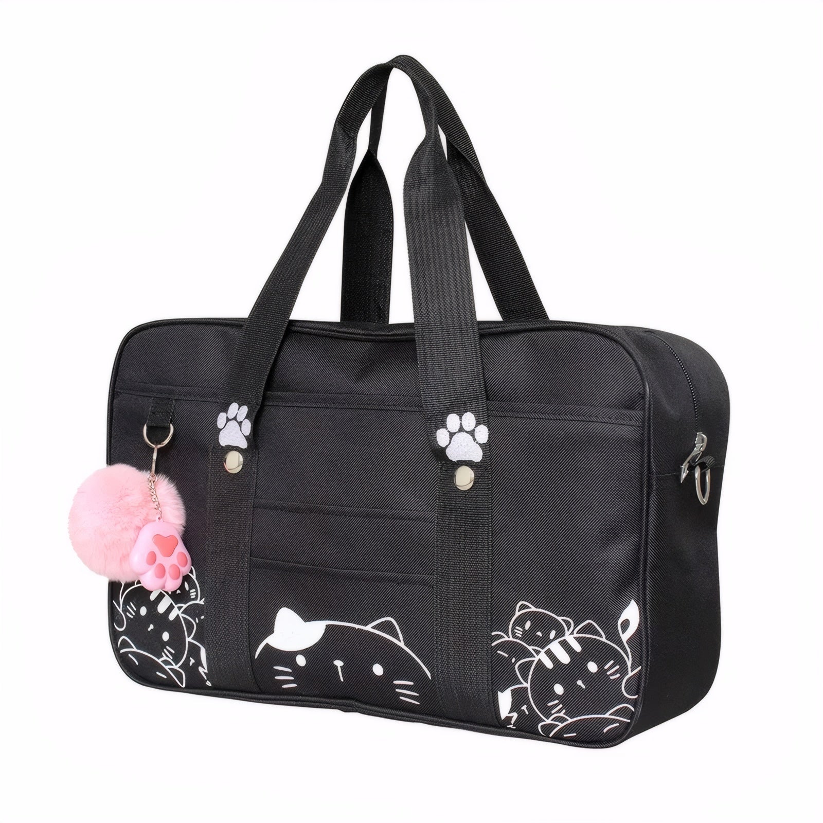 Black kawaii canvas tote bag with cat paw print and fluffy charm canvas shoulder bag