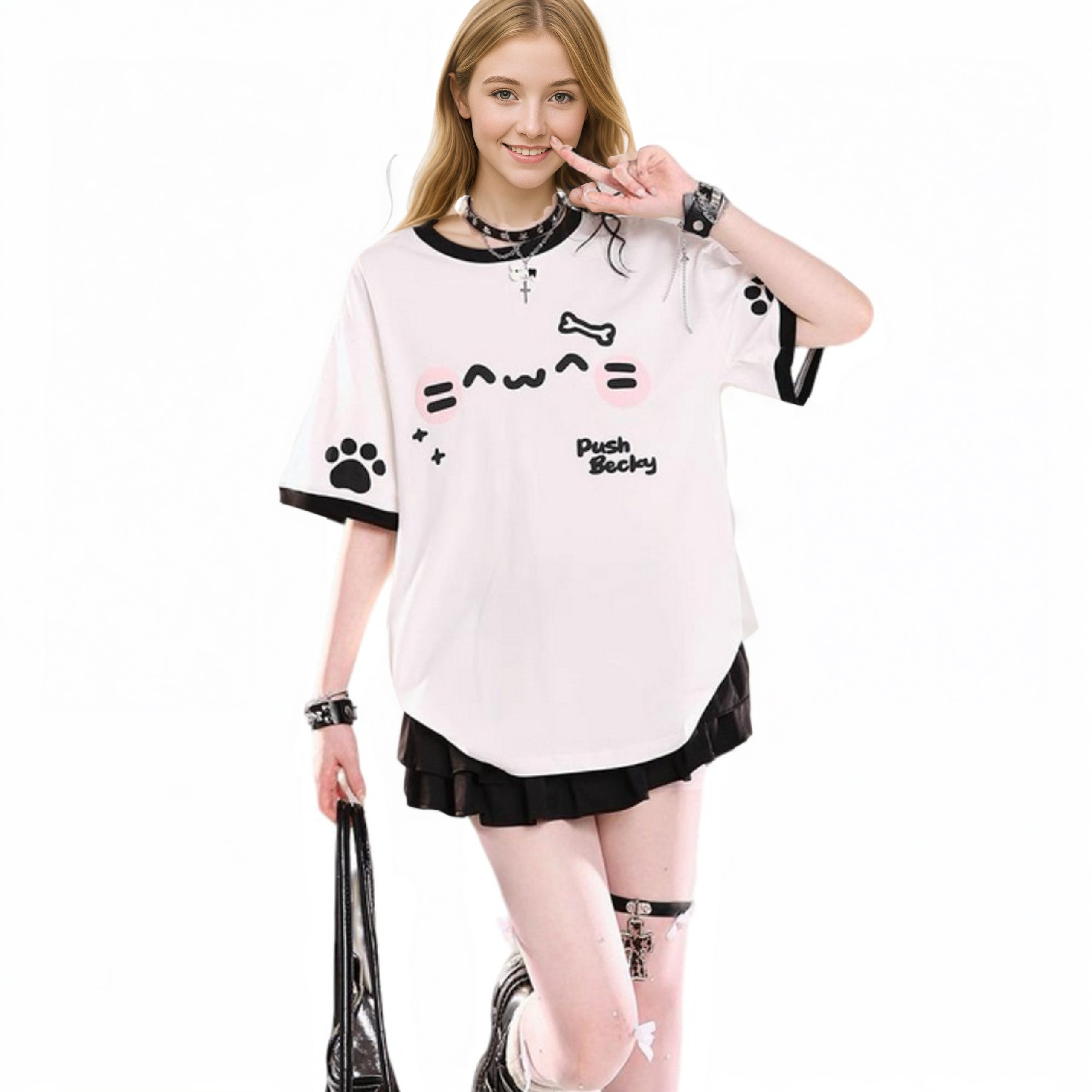 Harajuku style black and white cartoon graphic T-shirt with pleated skirt