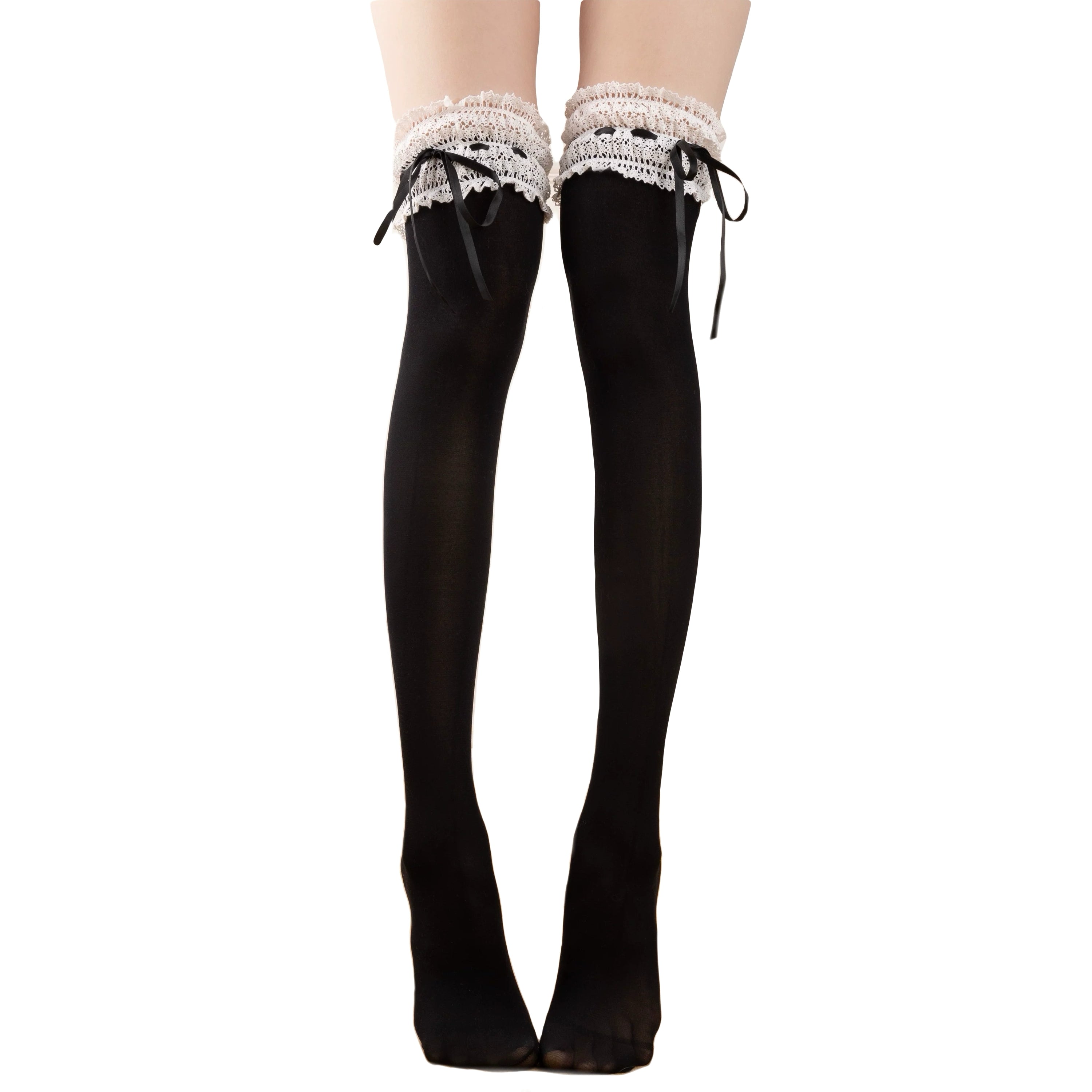 Black over-knee socks with vintage lace and cute ribbon velvet long socks