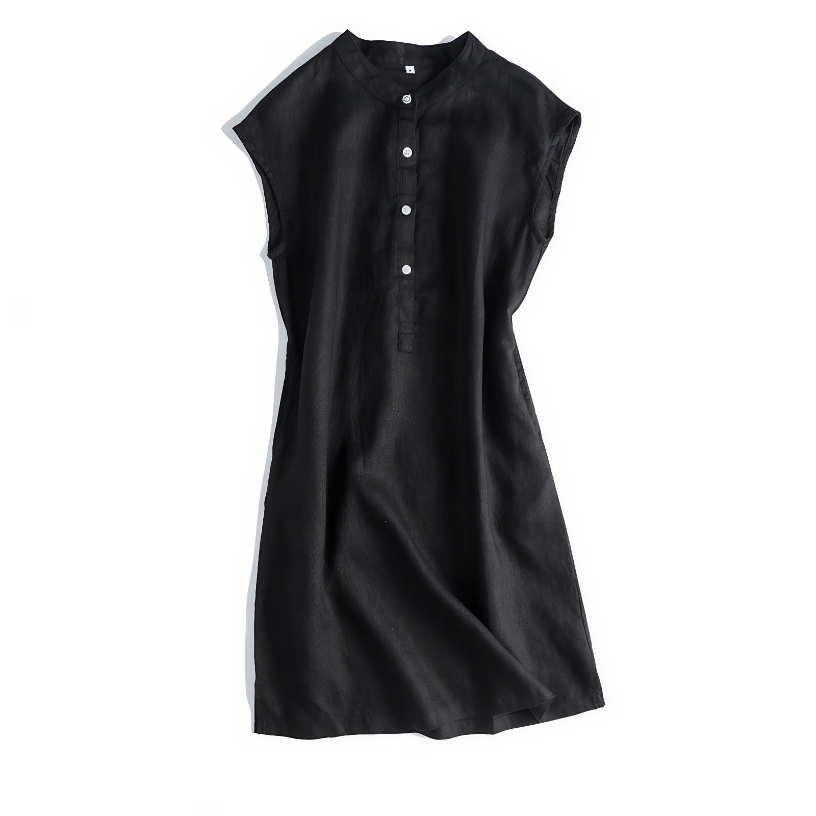 Black minimalist sleeveless linen dress for women with round hem