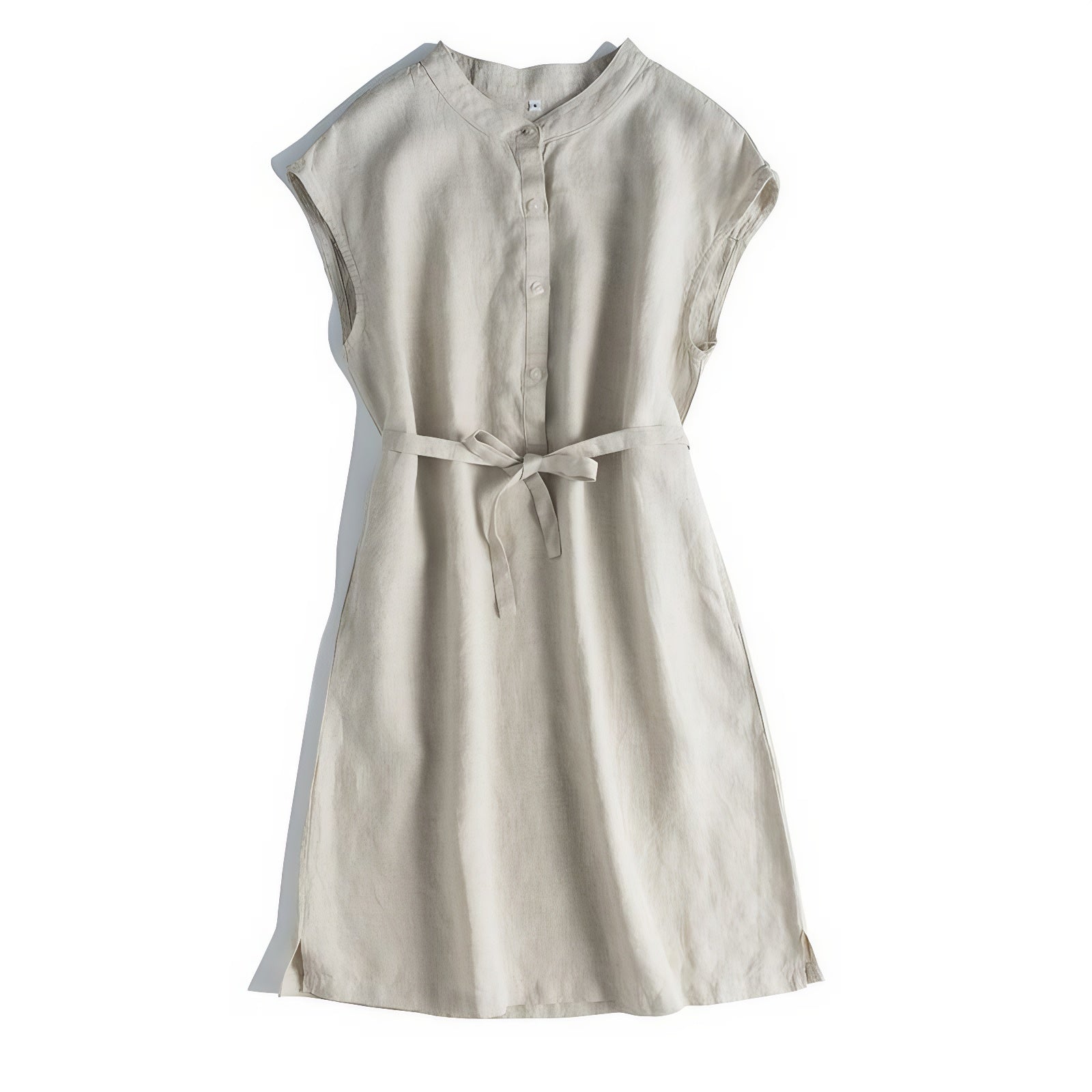 Front view of natural linen A-line sleeveless dress with waist tie