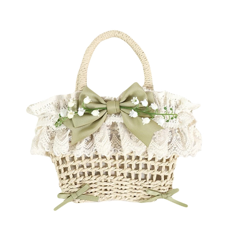 Cute Lolita straw handbag with green bow and lace kawaii handbag, picnic tote, woven rattan purse