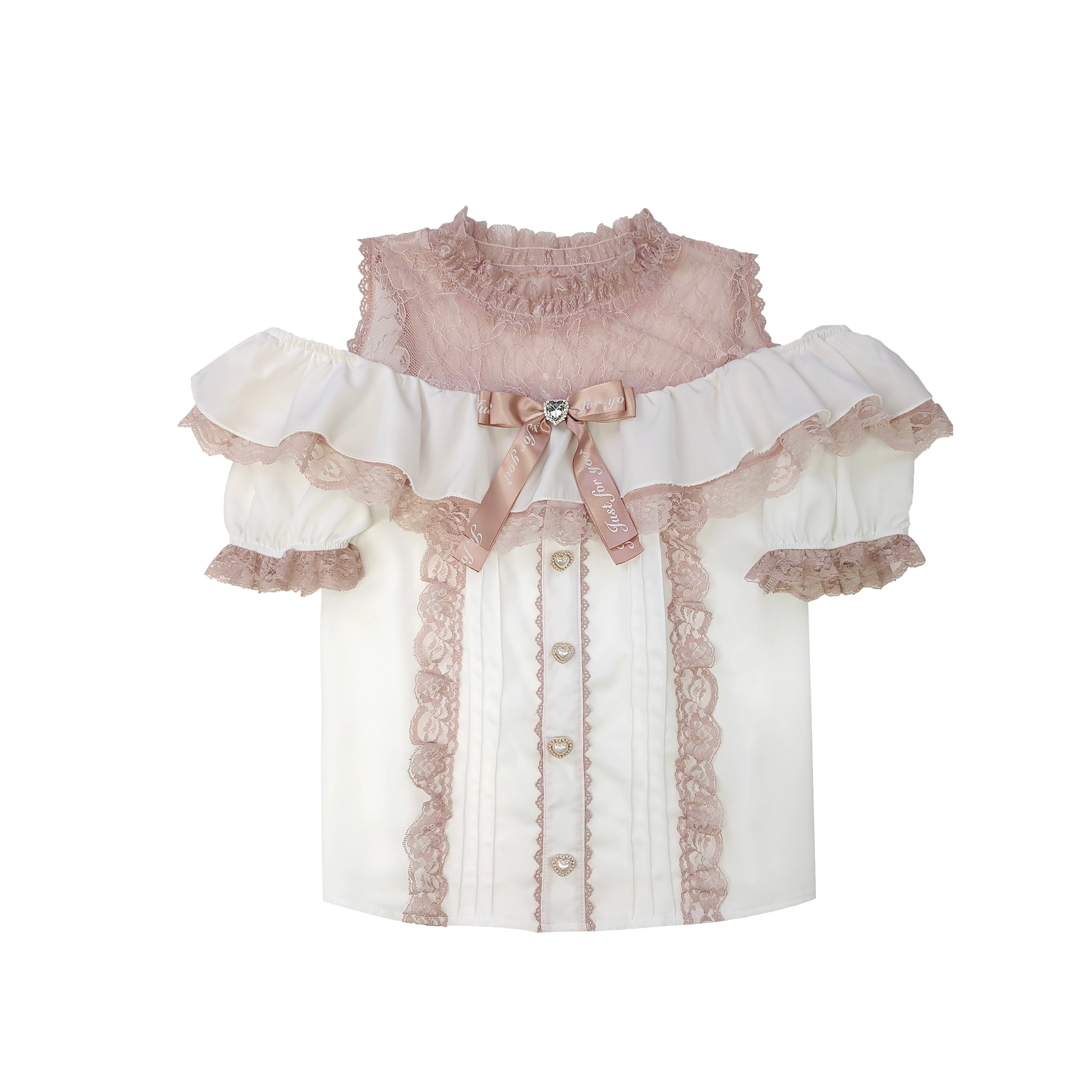 Cream and pink sweet lace puff sleeve blouse with ruffle neckline off-shoulder lace top kawaii ruffle shirt