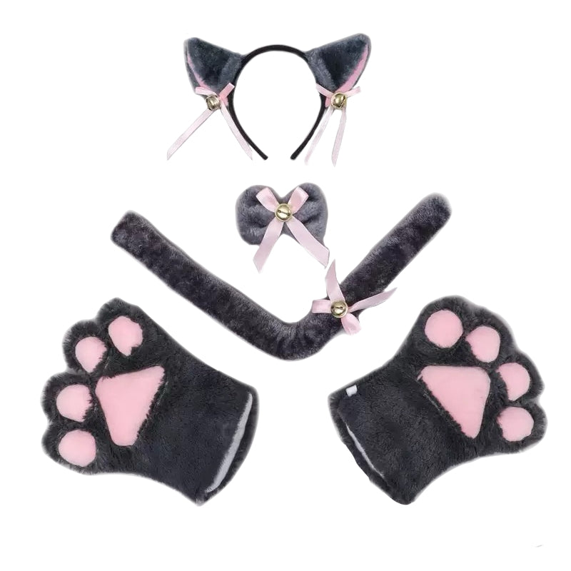 Gray plush cat paw gloves and ear cosplay kit