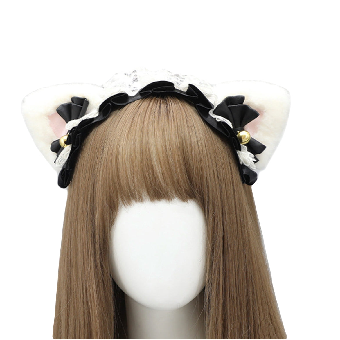 Cute Lolita style cat ear headband with black lace and bows,Kawaii fluffy neko ears hairband in pastel colors with ribbons