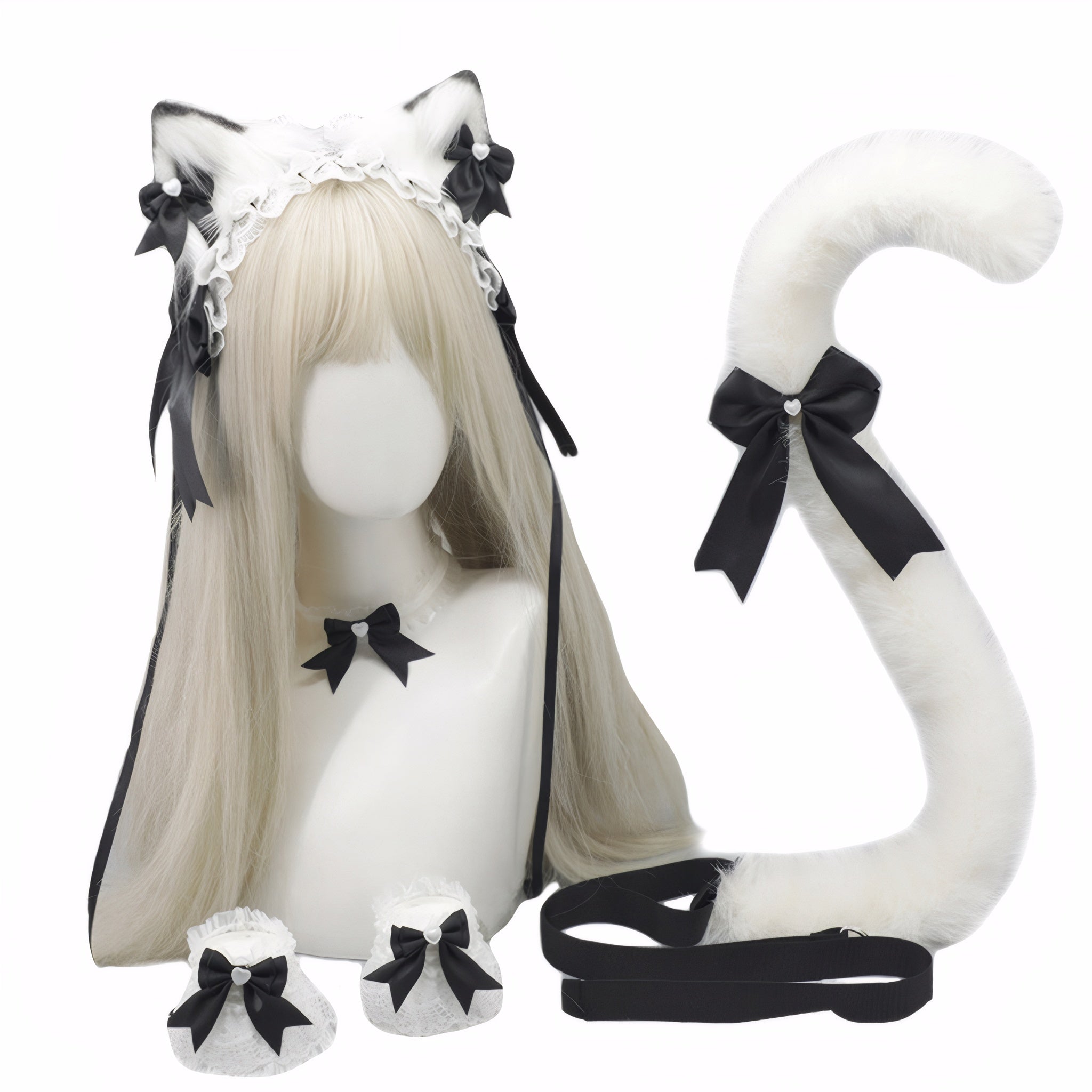 White and black Lolita cosplay cat ear headband with tail and lace accessories ,Complete Lolita-style neko maid cosplay set in multiple colors
