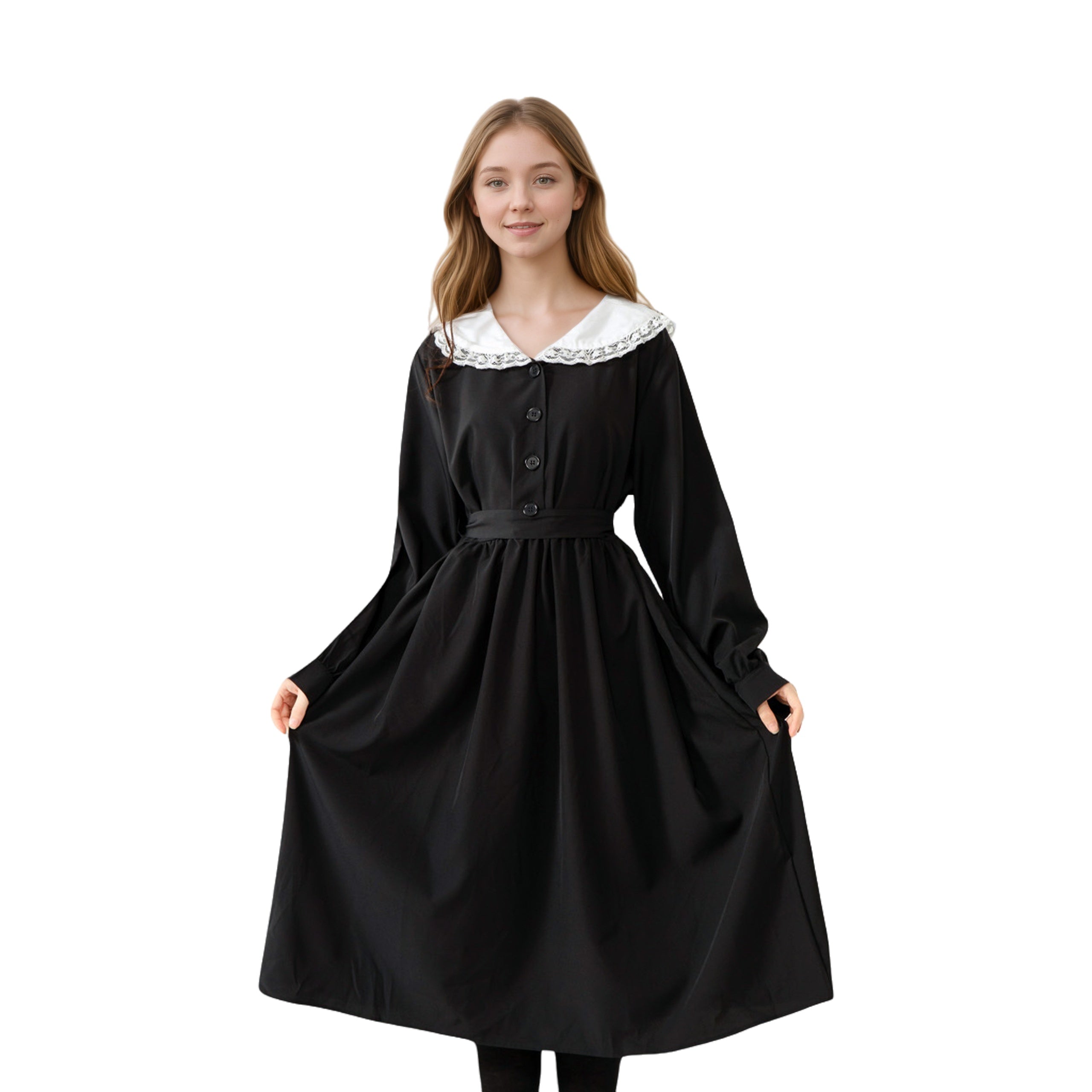 Front view of black Lolita long sleeve dress with white lace sailor collar and waist tie