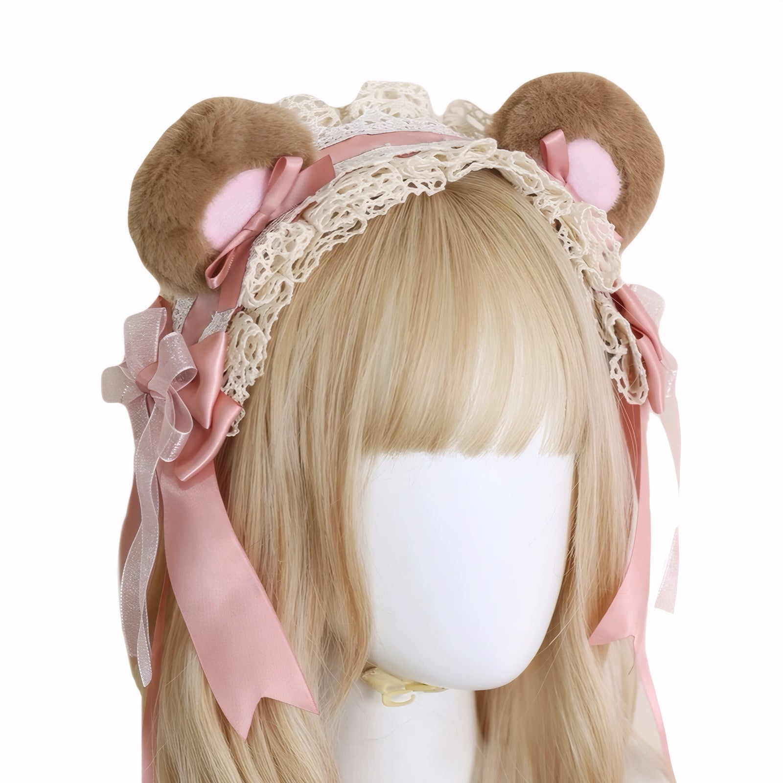 Kawaii Lolita bear ears lace headband with plush fur and satin bows – cosplay accessory for girls
