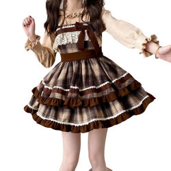 Lolita Plaid Jumper Dress & Cape Winter Wool Bow Layered Skirt Japanese Mori Girl Sweet Outfit